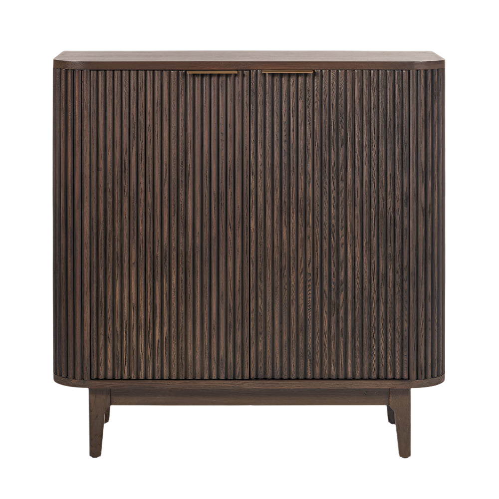 Raie Dark Brown Ribbed Oak & Pine Wood 2 Door Bar Cabinet