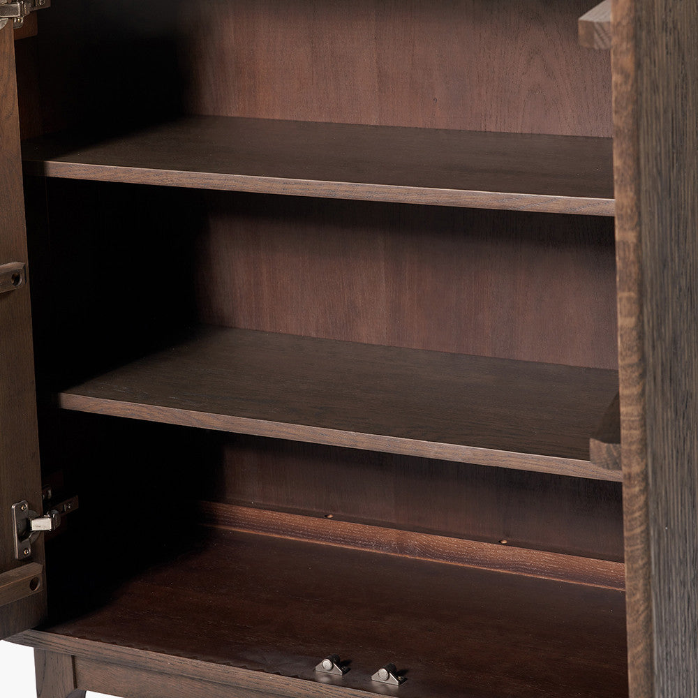 Raie Dark Brown Ribbed Oak & Pine Wood 2 Door Bar Cabinet