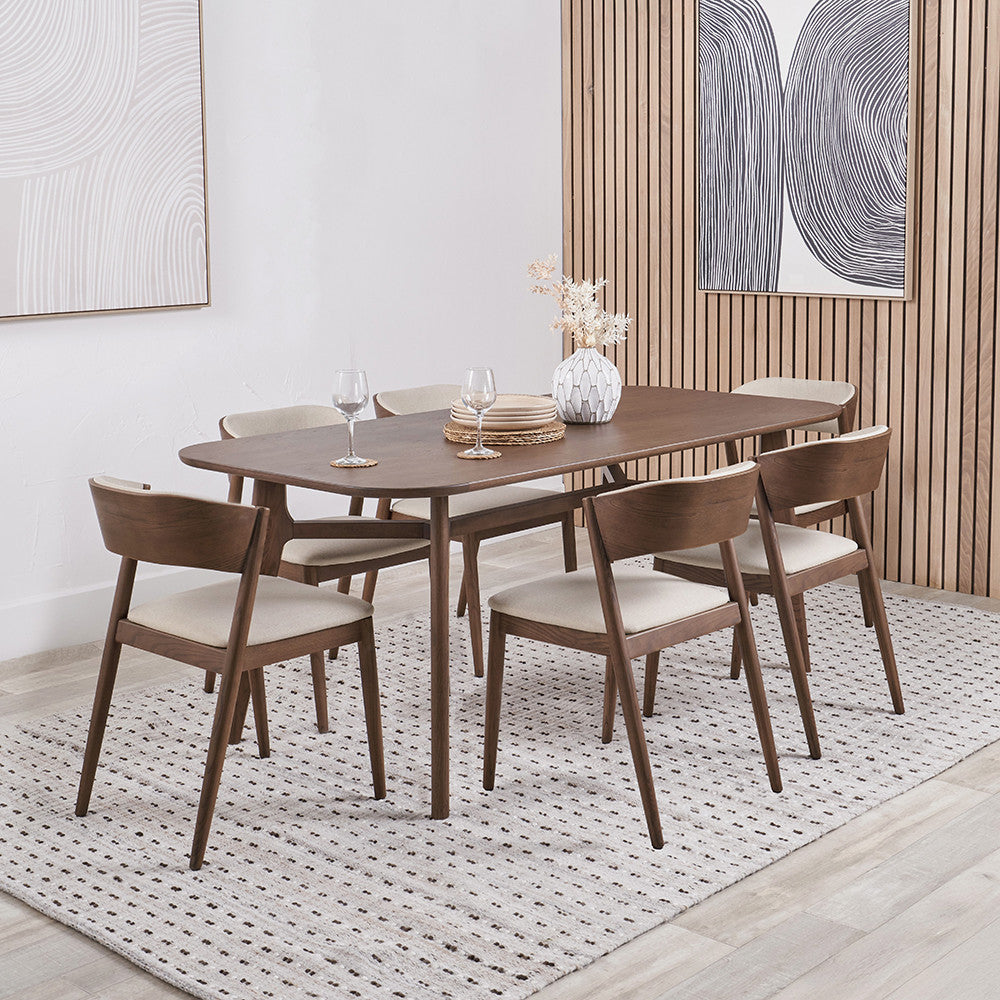 Elias Dark Ash Wood Retro Rectangle Dining Set with 6 Chairs