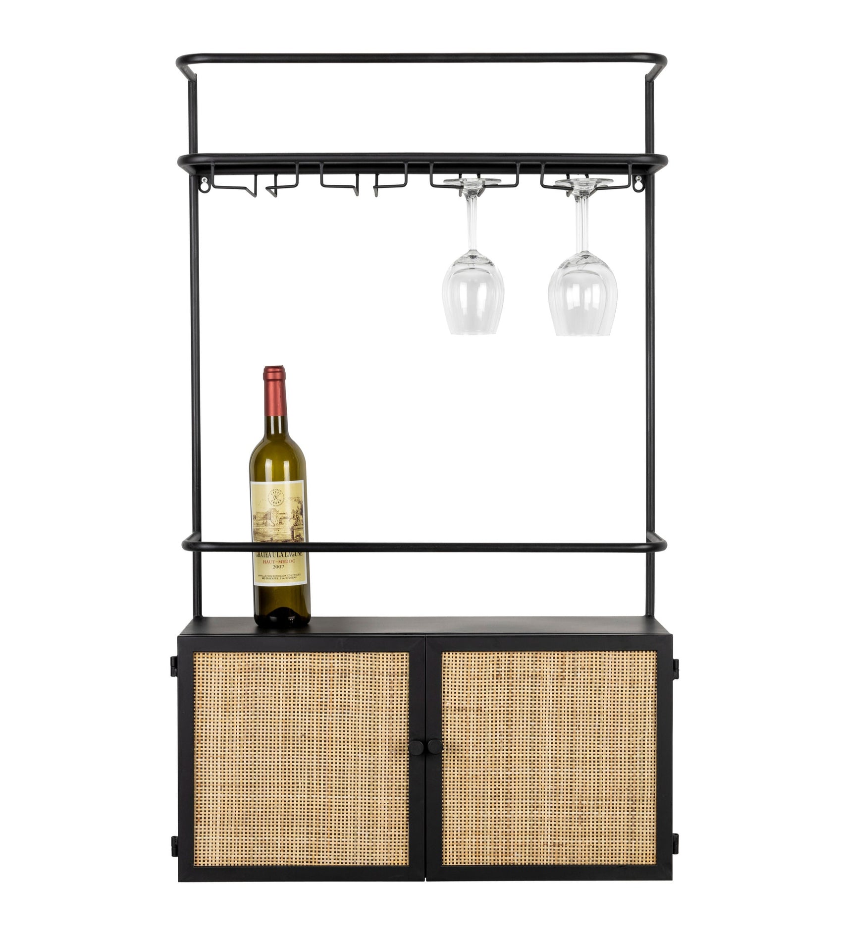 Guuji Black Wood & Natural Rattan Wine Shelf