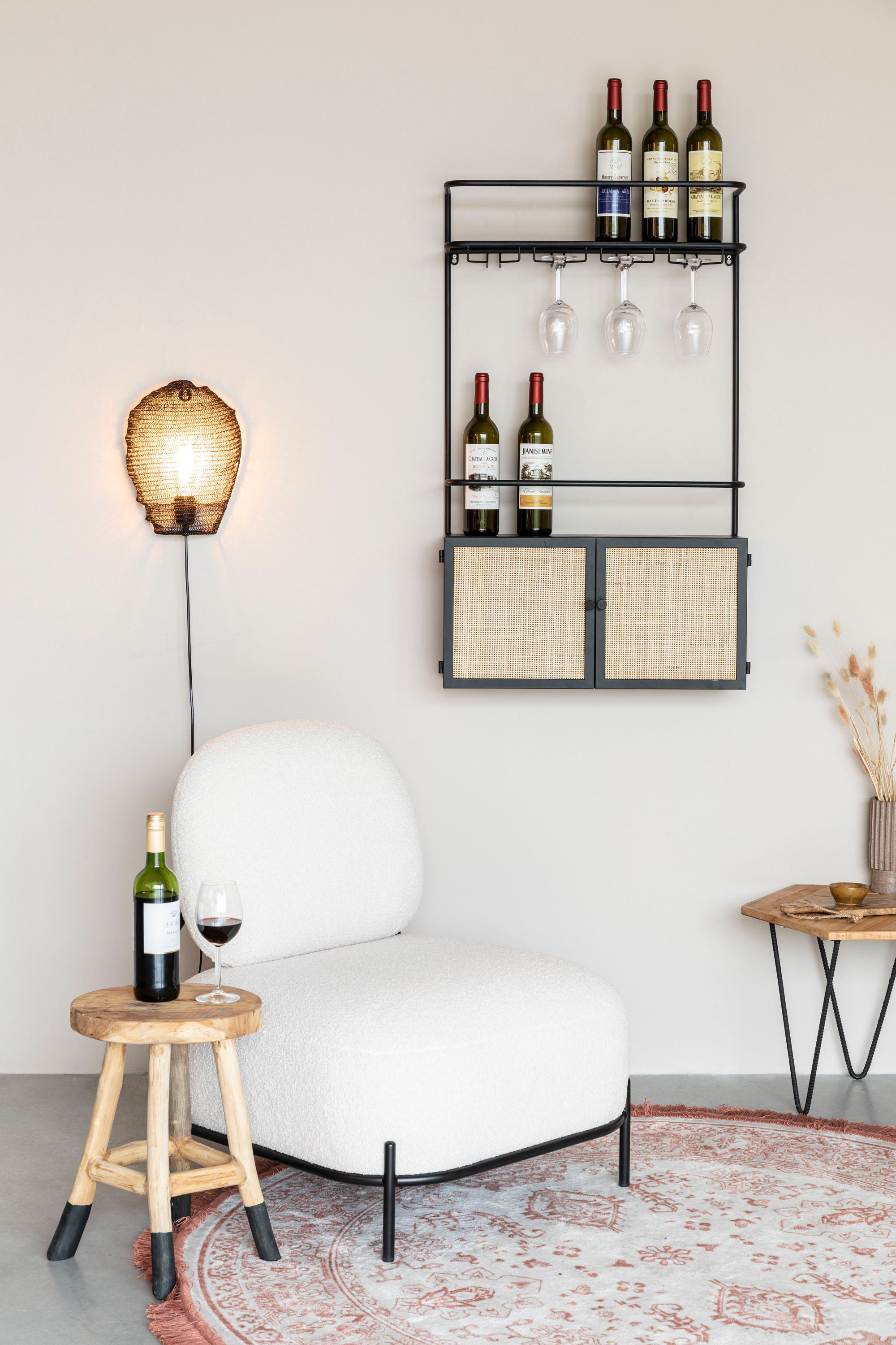 Guuji Black Wood & Natural Rattan Wine Shelf