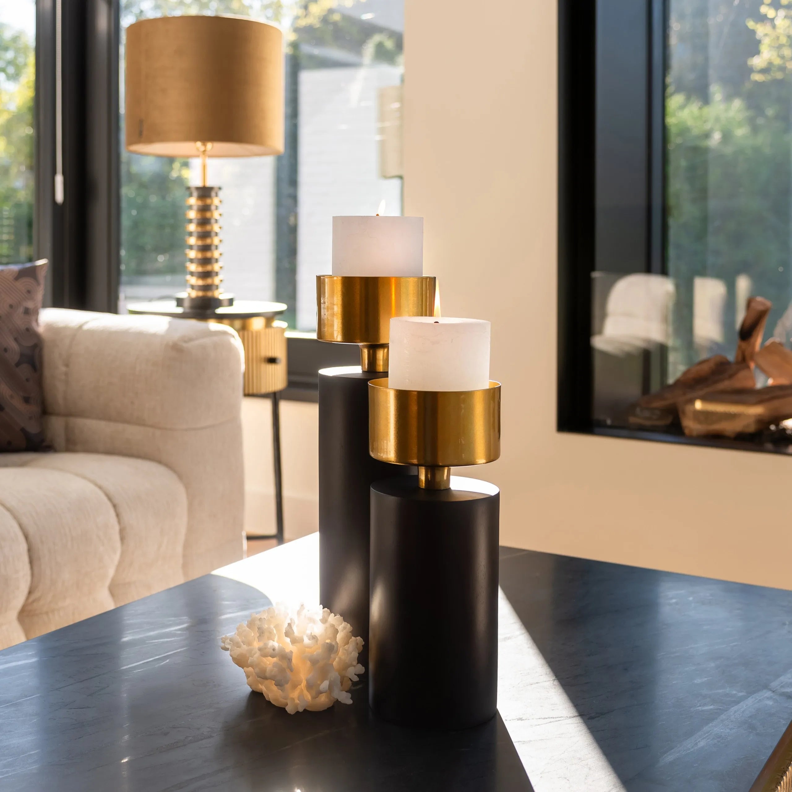 Richmond Interiors Tess Black & Brushed Gold Candle Holder Small