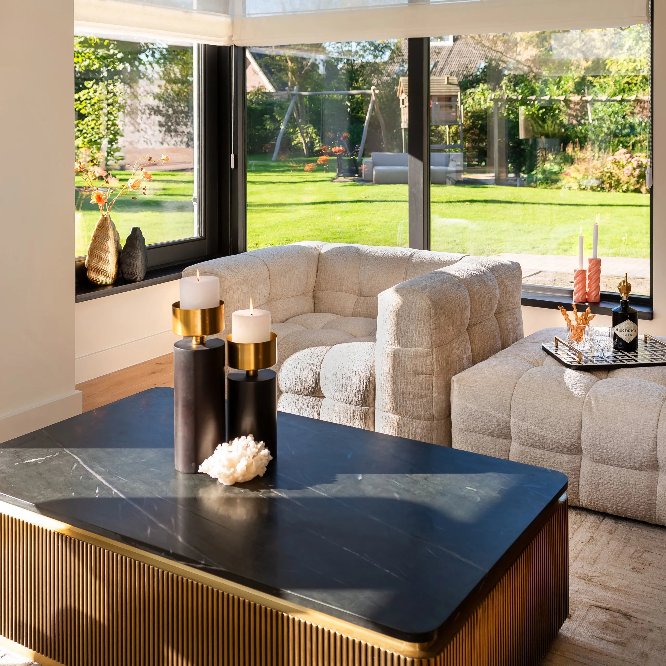 Richmond Interiors Ironville Black Marble & Gold Ribbed Rectangle Coffee Table