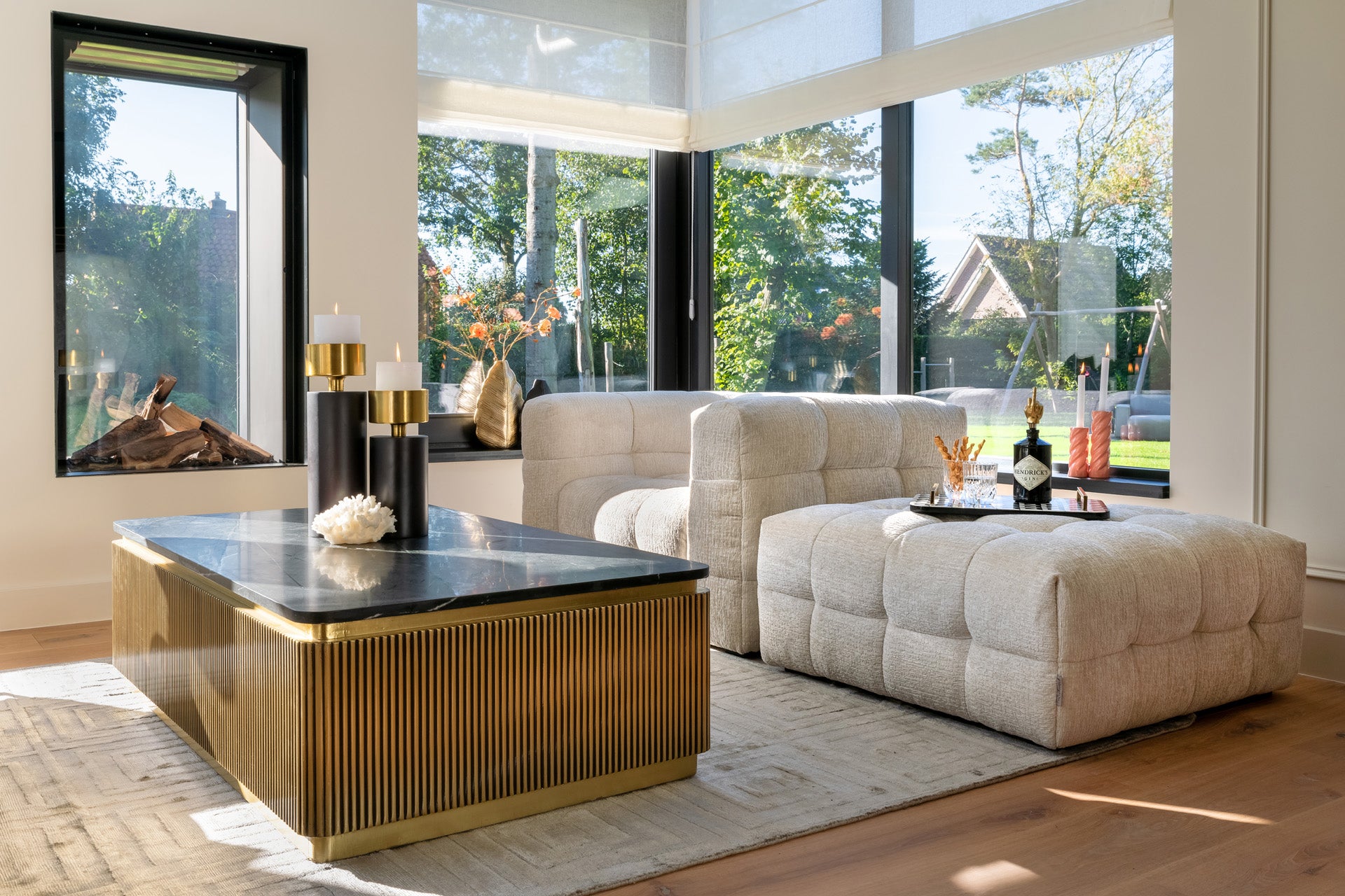 Richmond Interiors Ironville Black Marble & Gold Ribbed Rectangle Coffee Table