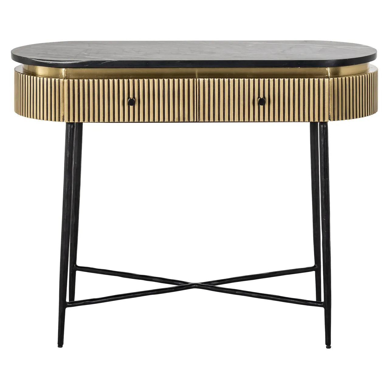 Richmond Interiors Ironville Black Marble & Gold Ribbed Console Table