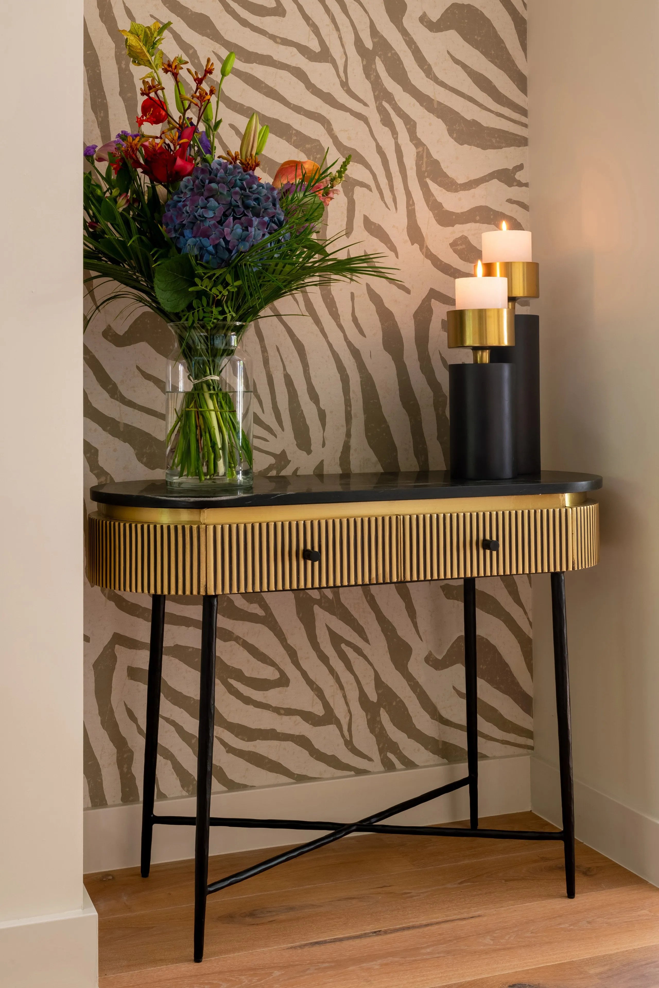 Richmond Interiors Tess Black & Brushed Gold Candle Holder Small
