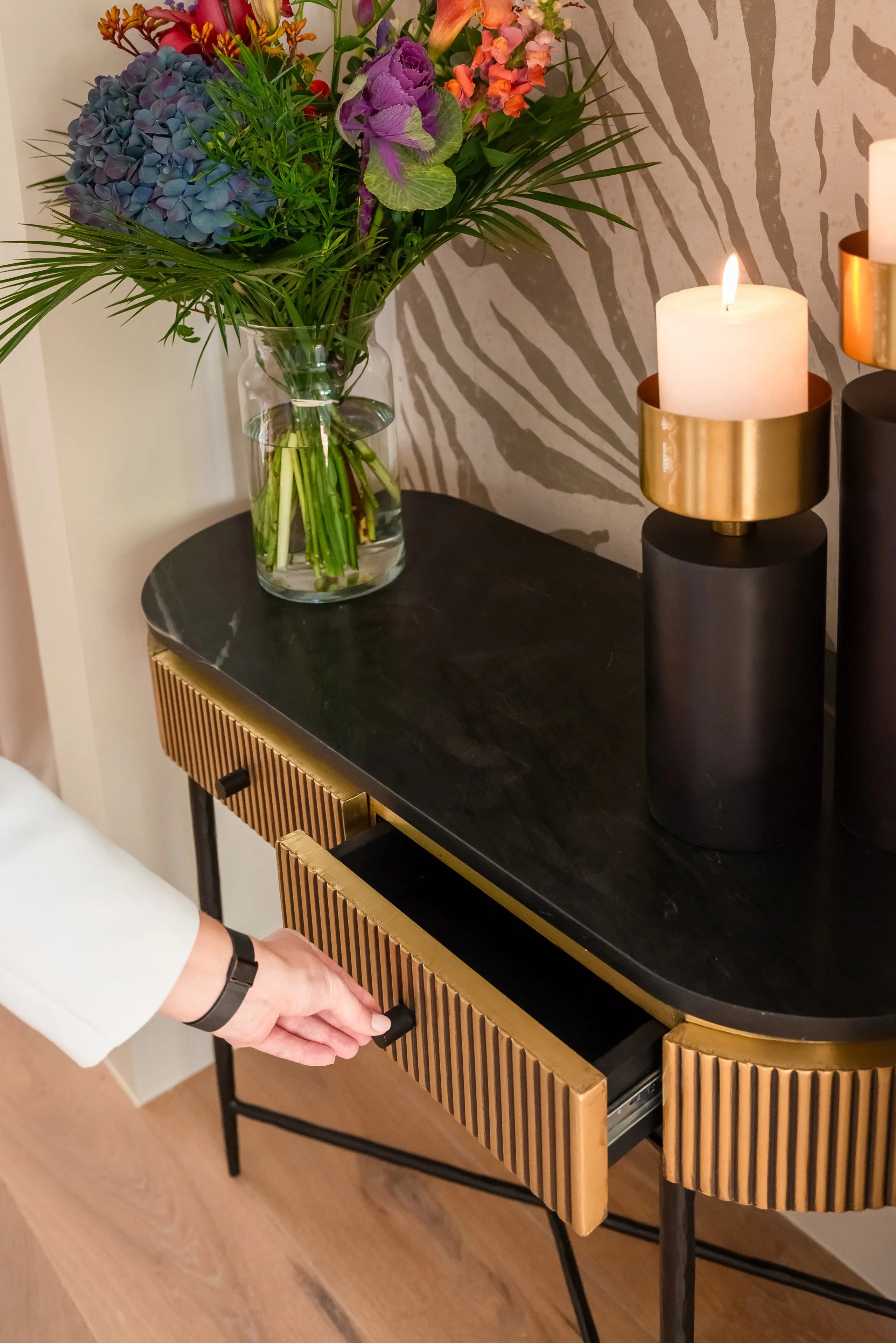 Richmond Interiors Tess Black & Brushed Gold Candle Holder Small