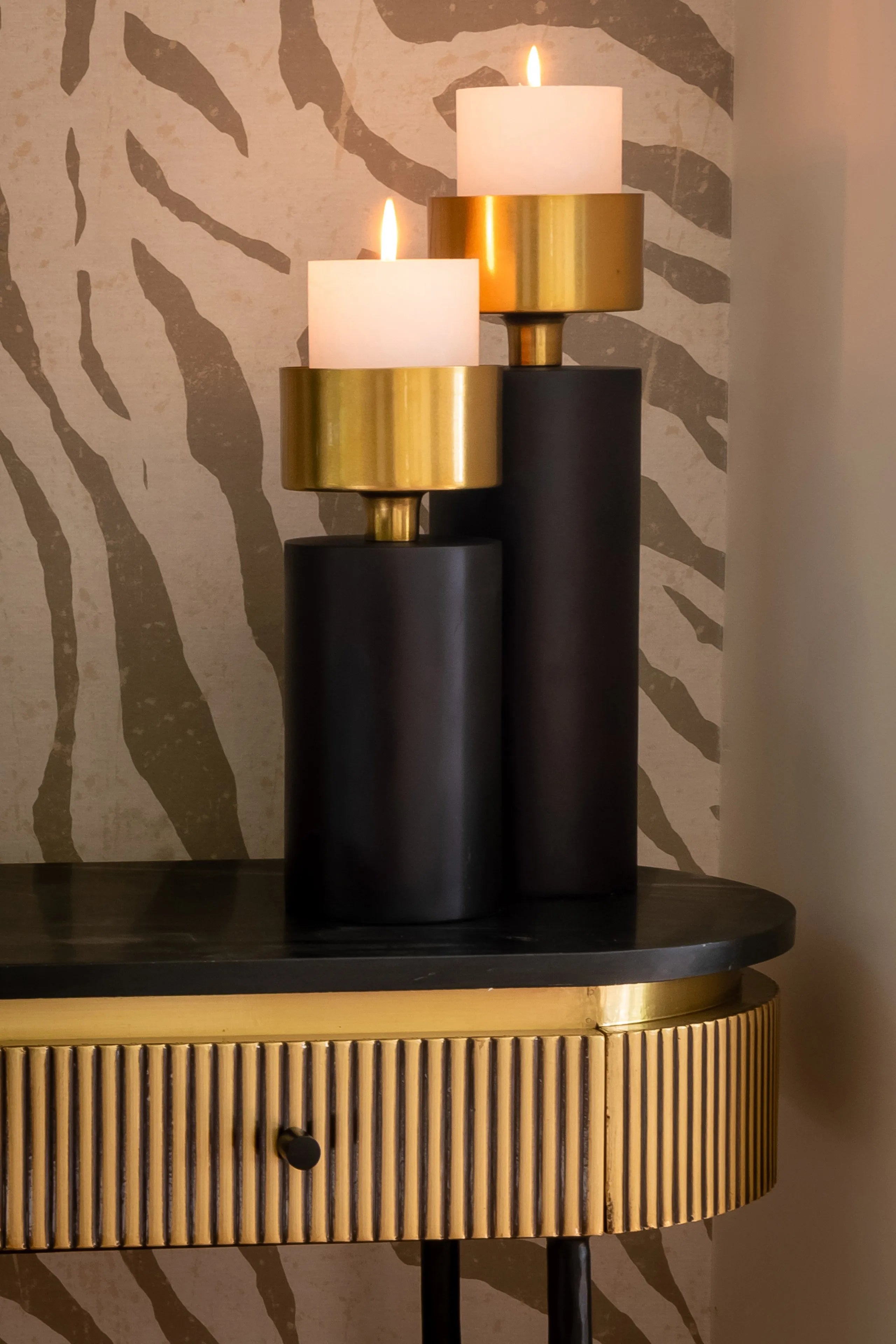 Richmond Interiors Ironville Black Marble & Gold Ribbed Console Table