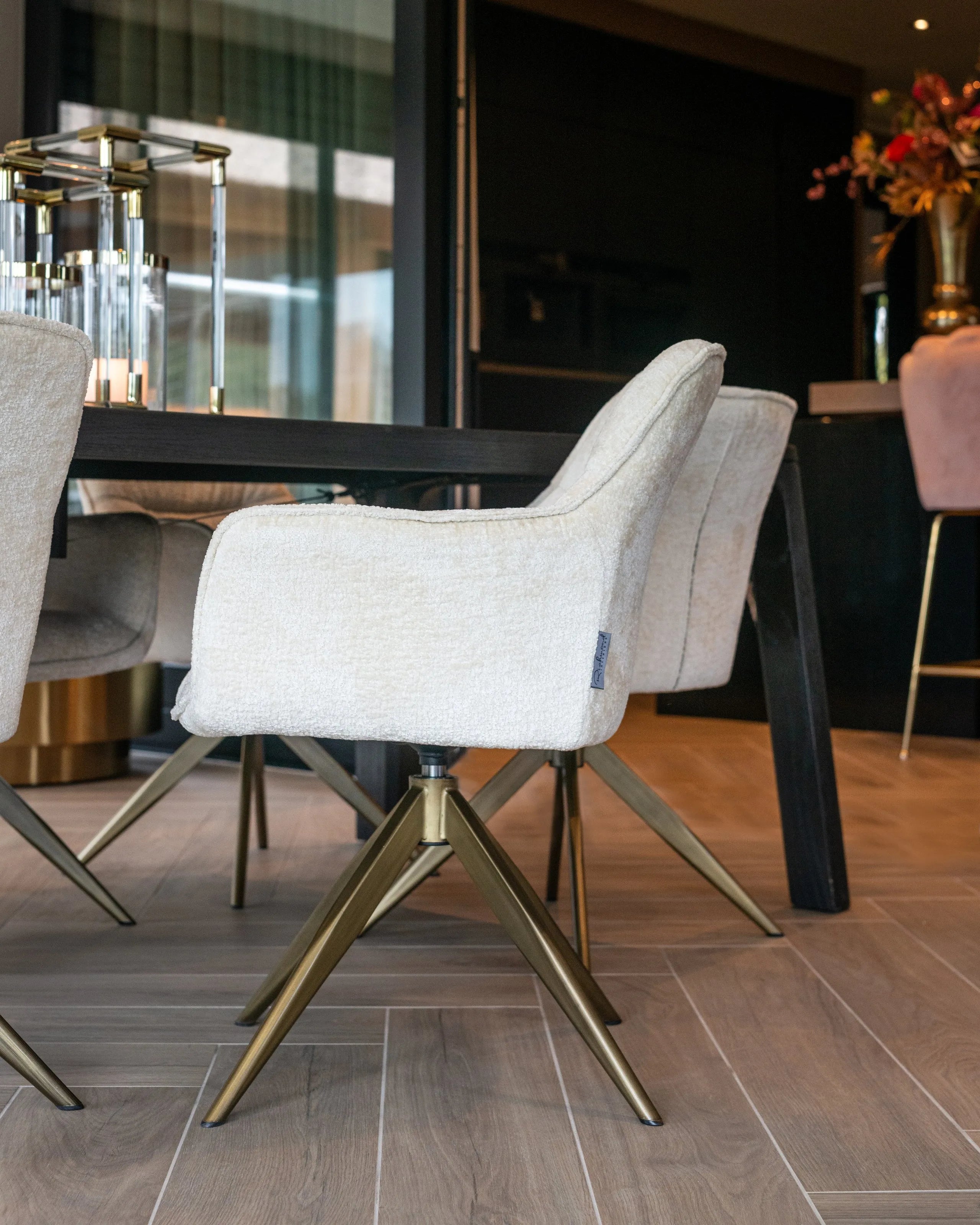 Richmond Interiors Aline Bergen White Chenille & Gold Swivel Chair
