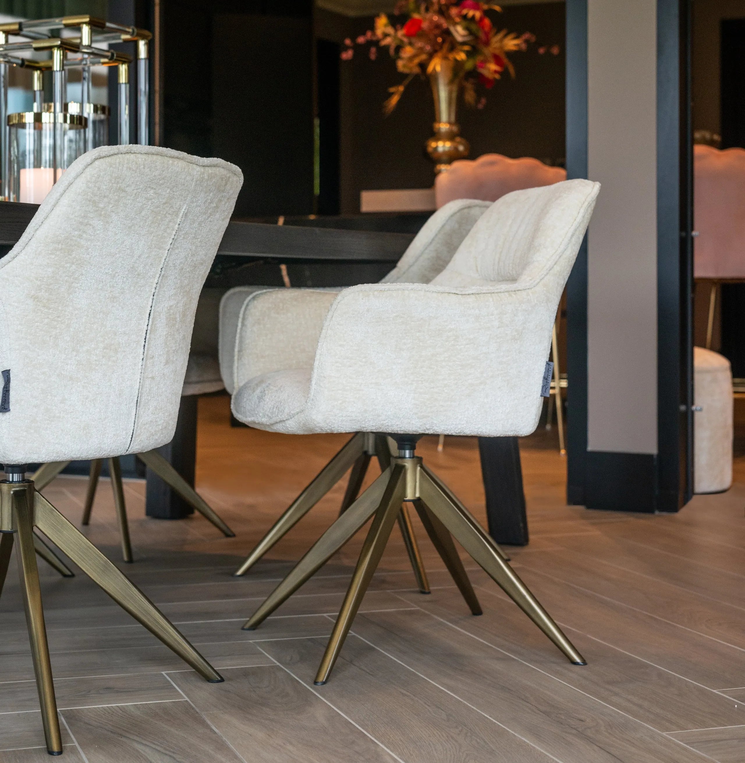 Richmond Interiors Aline Bergen White Chenille & Gold Swivel Chair