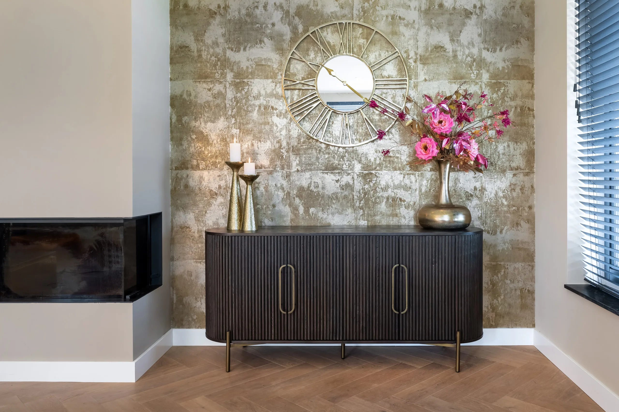 Richmond Interiors Luxor Dark Brown Ribbed Oak Wood Sideboard
