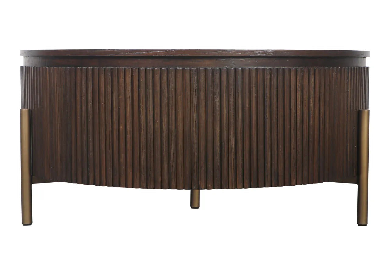Richmond Interiors Luxor Dark Brown Ribbed Oak Wood & Gold Round Coffee Table