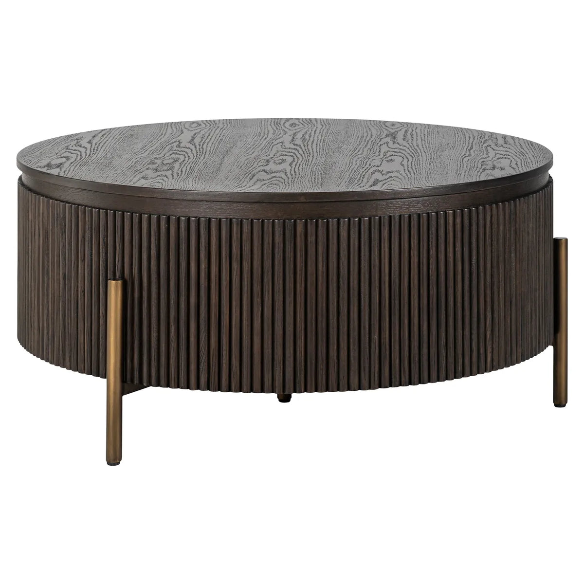 Richmond Interiors Luxor Dark Brown Ribbed Oak Wood & Gold Round Coffee Table