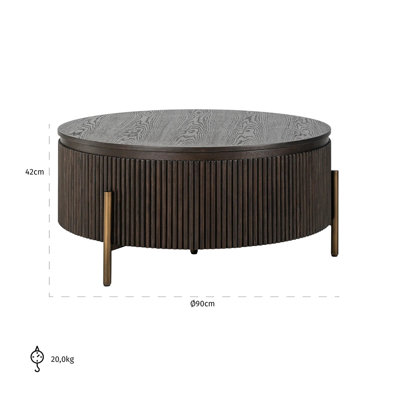 Richmond Interiors Luxor Dark Brown Ribbed Oak Wood & Gold Round Coffee Table