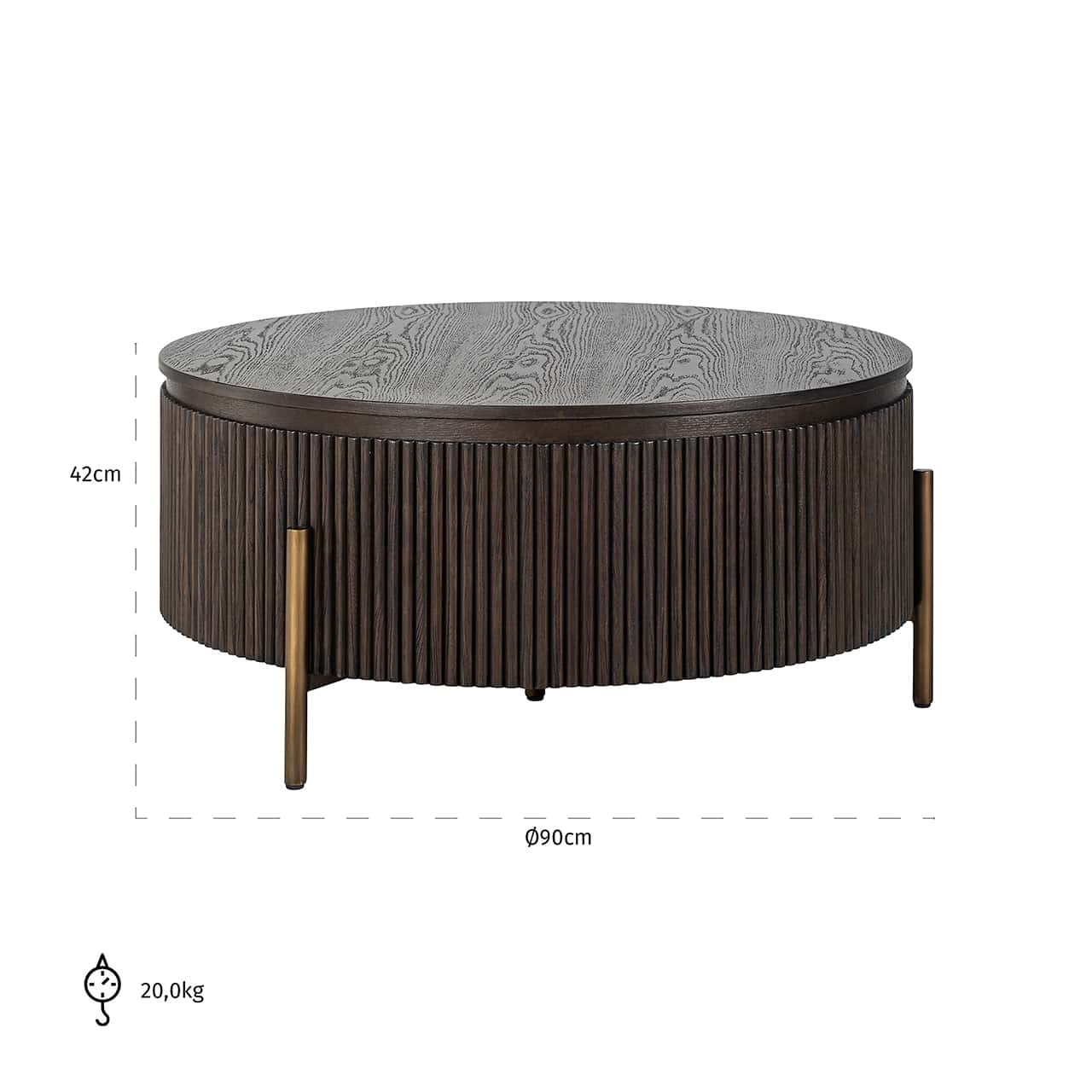 Richmond Interiors Luxor Dark Brown Ribbed Oak Wood & Gold  Round Coffee Table