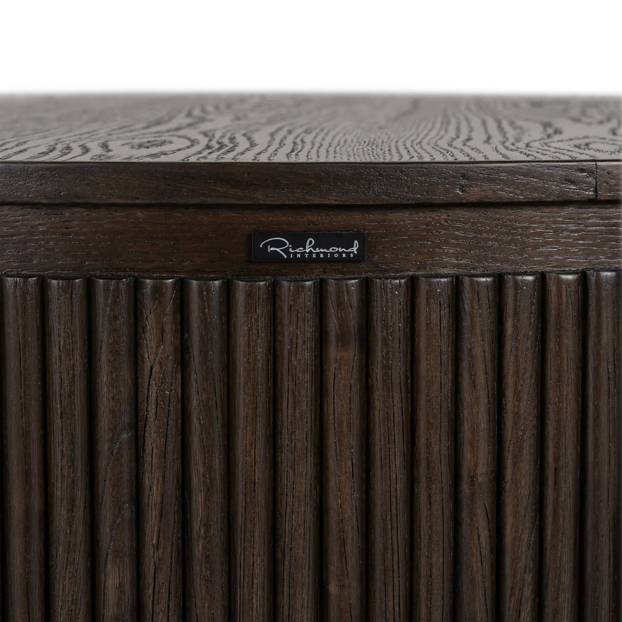 Richmond Interiors Luxor Dark Brown Ribbed Oak Wood & Gold Round Coffee Table
