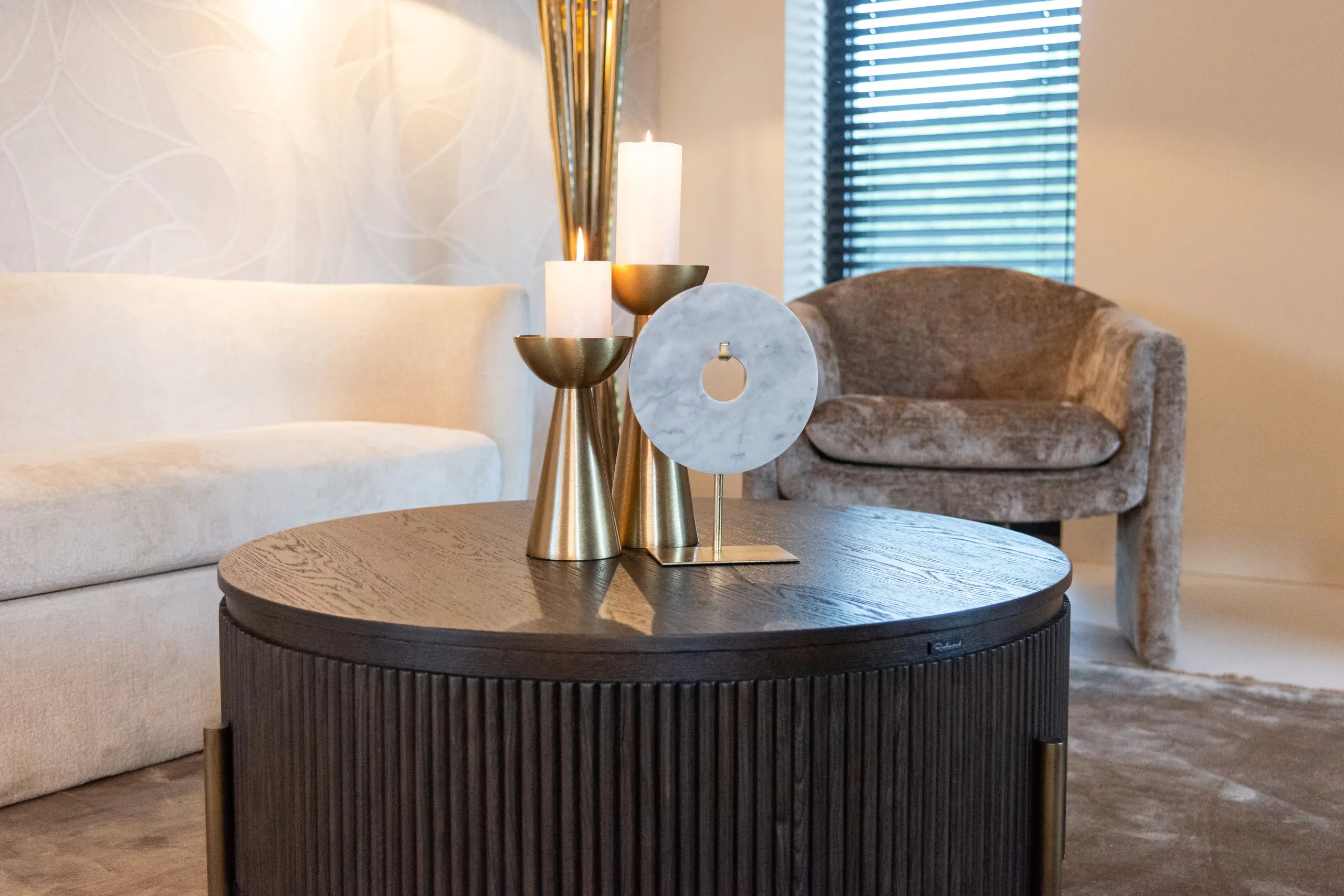 Richmond Interiors Luxor Dark Brown Ribbed Oak Wood & Gold Round Coffee Table