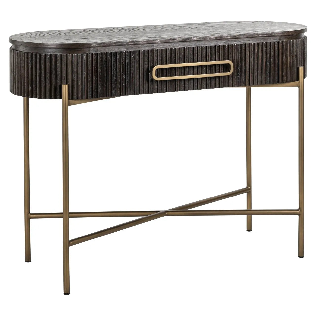 Richmond Interiors Luxor Dark Brown Ribbed Oak Wood & Gold Console Table
