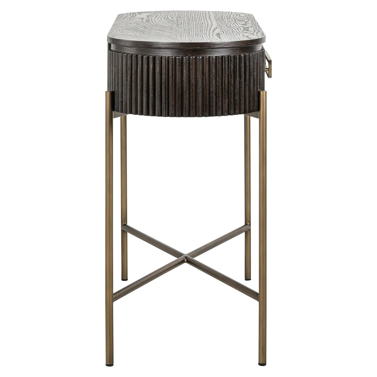 Richmond Interiors Luxor Dark Brown Ribbed Oak Wood & Gold Console Table