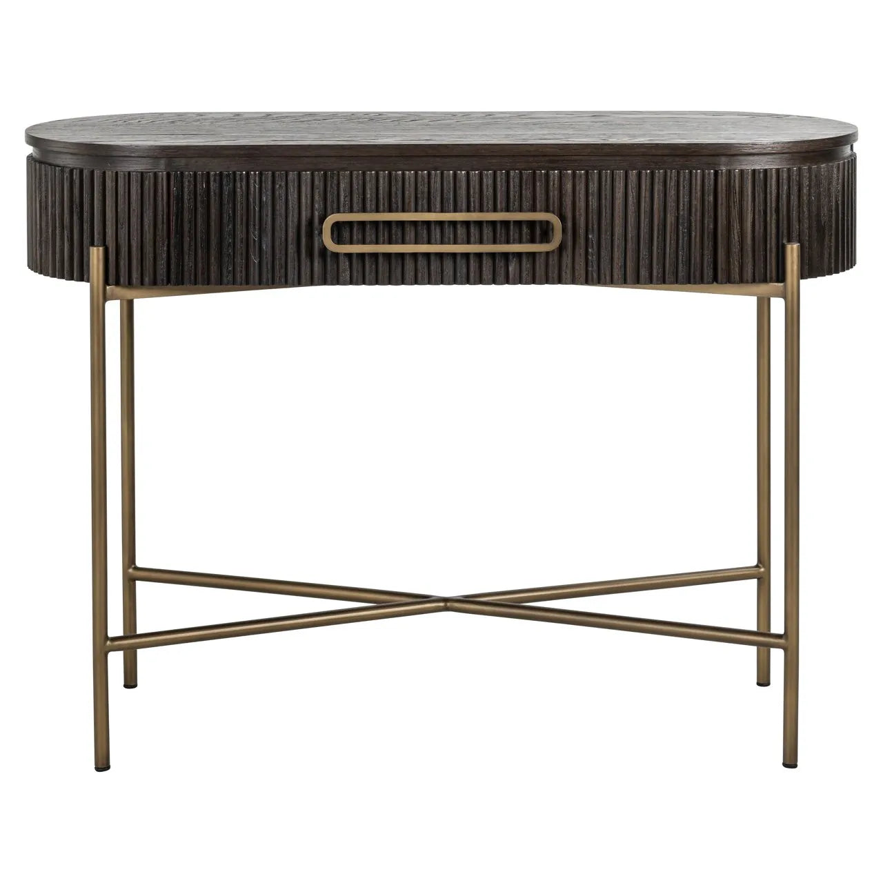 Richmond Interiors Luxor Dark Brown Ribbed Oak Wood & Gold Console Table