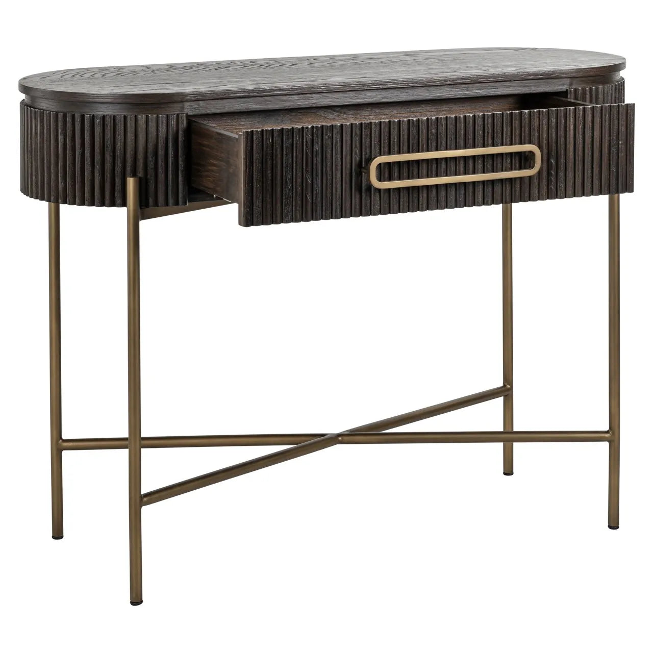 Richmond Interiors Luxor Dark Brown Ribbed Oak Wood & Gold Console Table