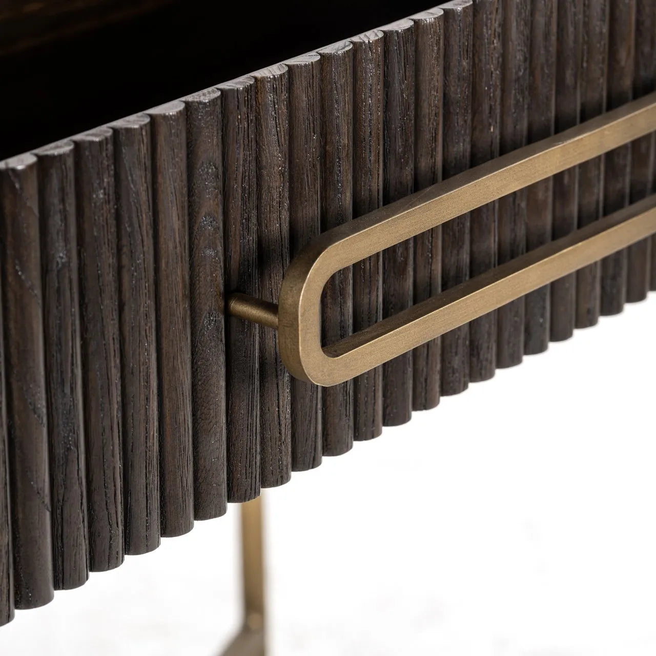 Richmond Interiors Luxor Dark Brown Ribbed Oak Wood & Gold Console Table