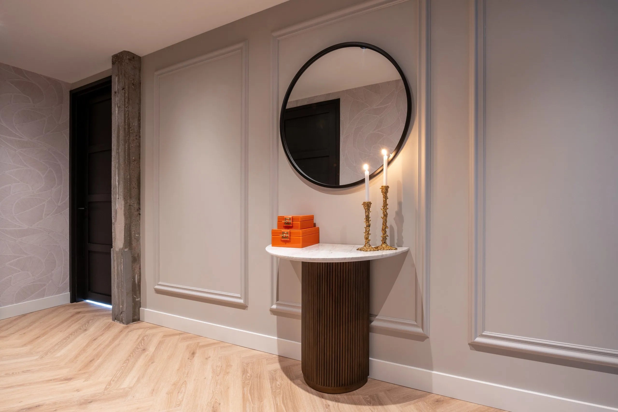 Richmond Interiors Mayfield Half Moon White Morchana Marble & Brown Mango Wood Console Table