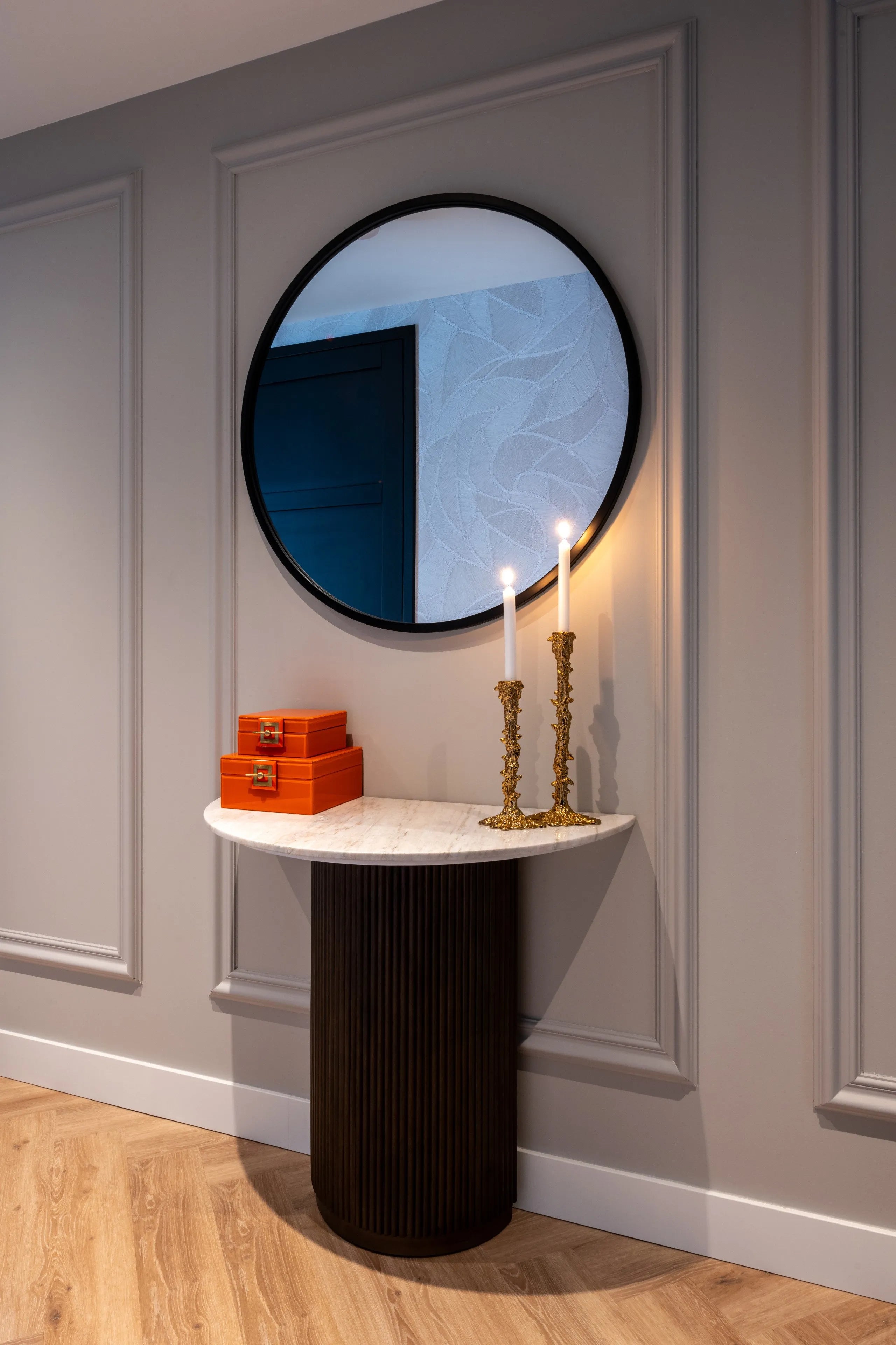 Richmond Interiors Mayfield Half Moon White Morchana Marble & Brown Mango Wood Console Table