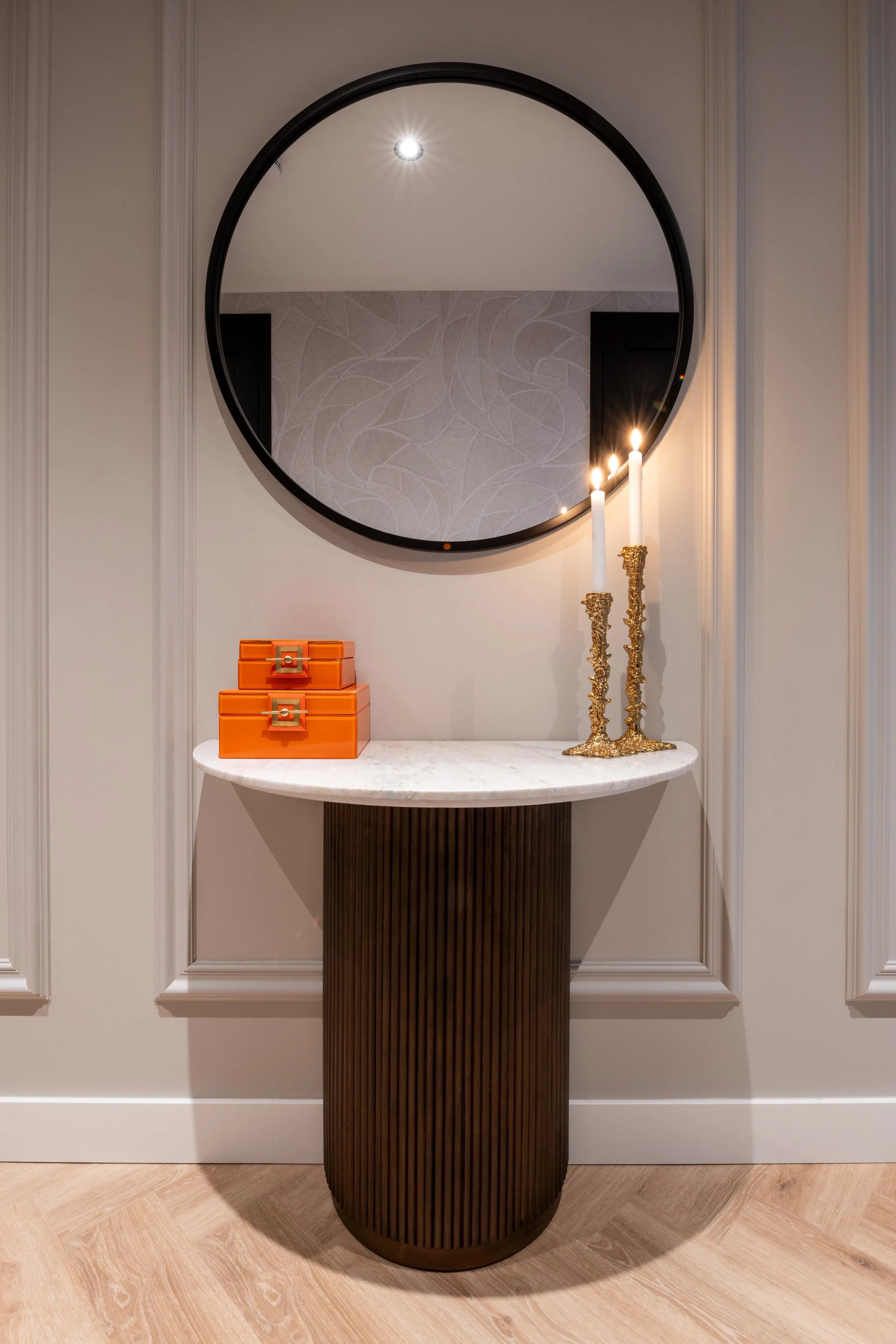 Richmond Interiors Mayfield Half Moon White Morchana Marble & Brown Mango Wood Console Table