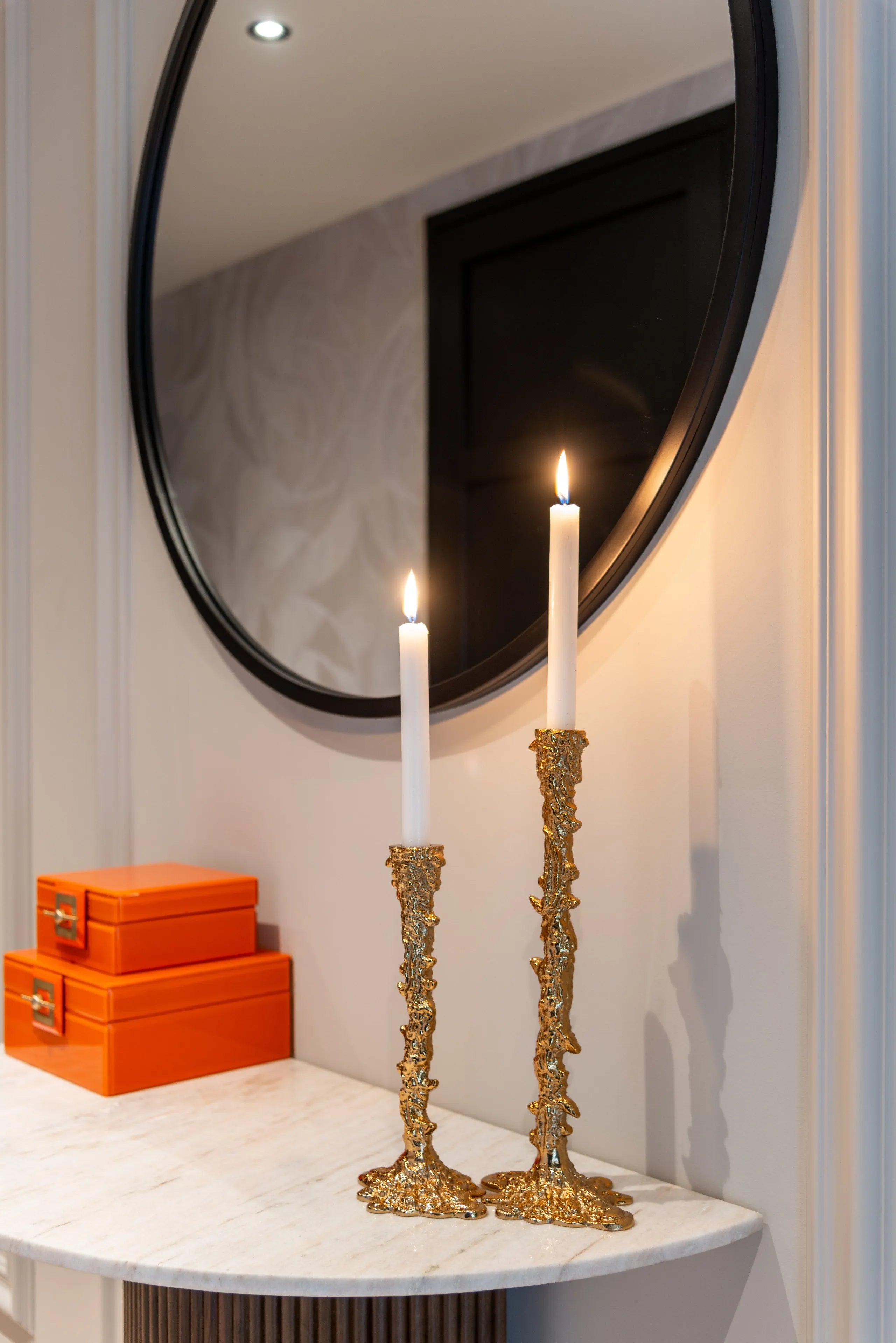 Richmond Interiors Mayfield Half Moon White Morchana Marble & Brown Mango Wood Console Table
