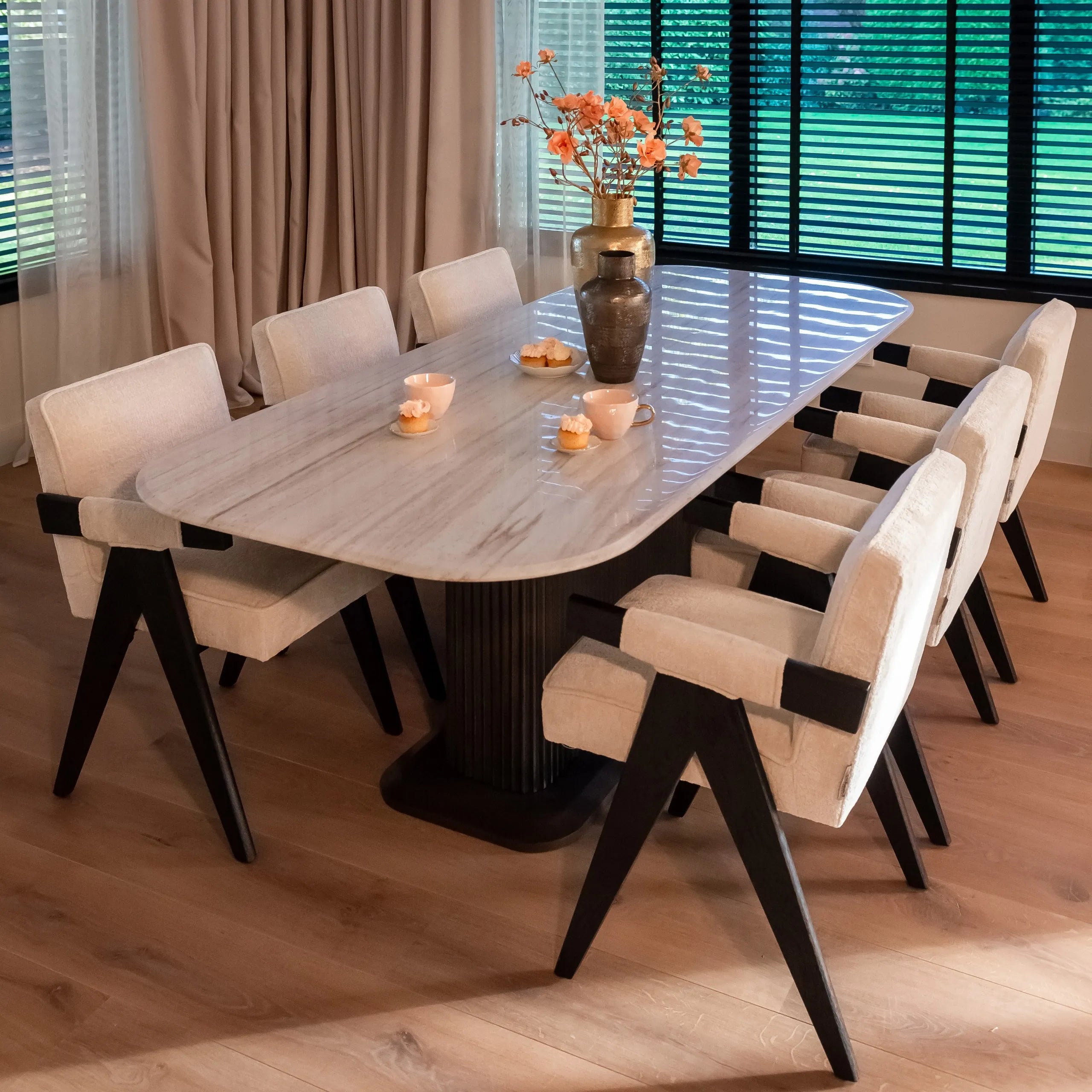 Richmond Interiors Mayfield White Morchana Marble Dining Table | 8 Seater