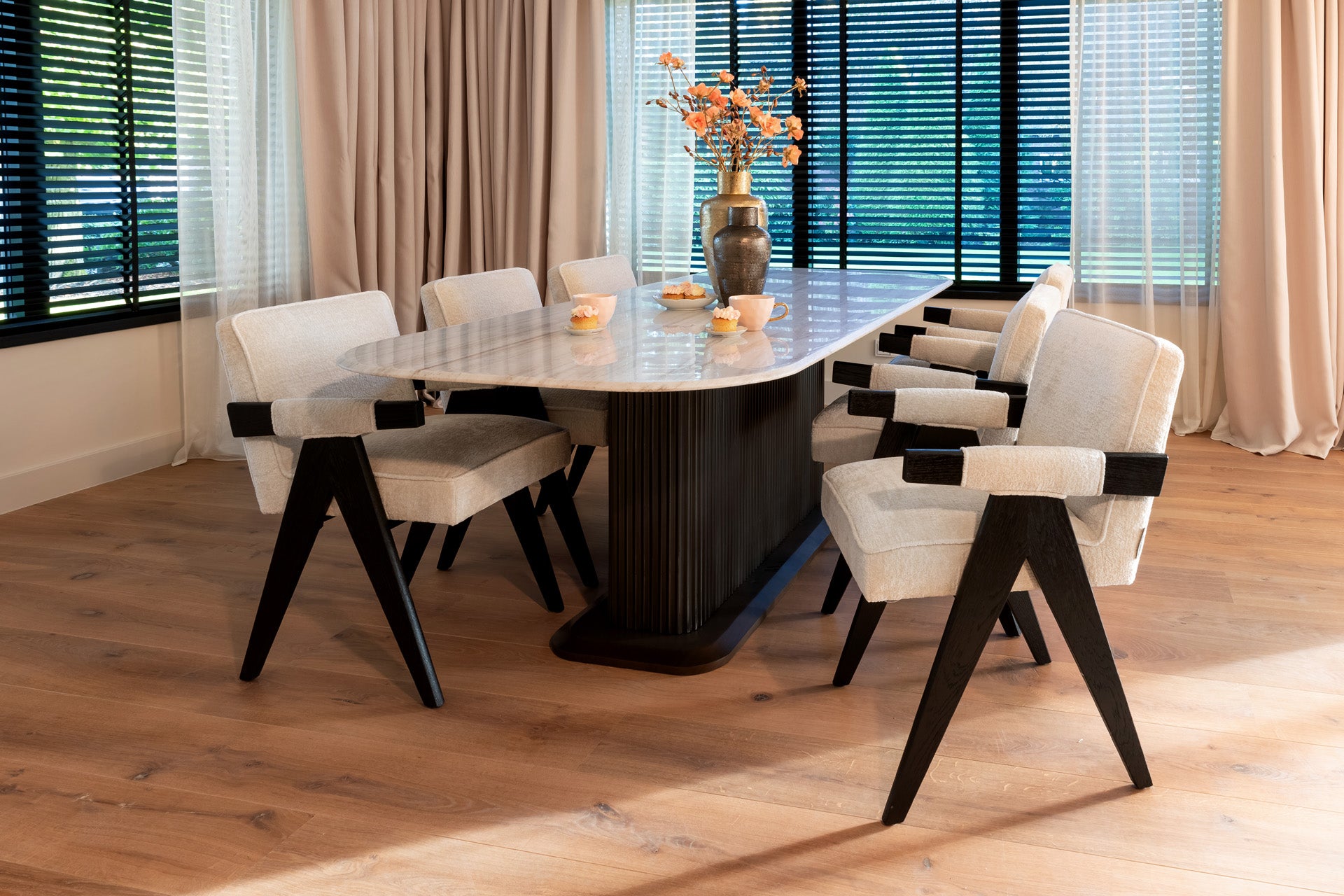 Richmond Interiors Mayfield White Morchana Marble Dining Table | 8 Seater