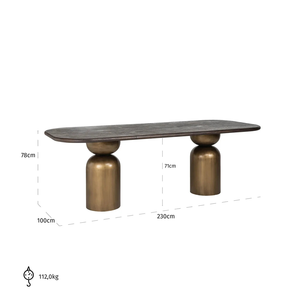 Richmond Interiors Cavo Brushed Gold & Black Acacia Wood Rounded Rectangle Dining Table | 8 Seater