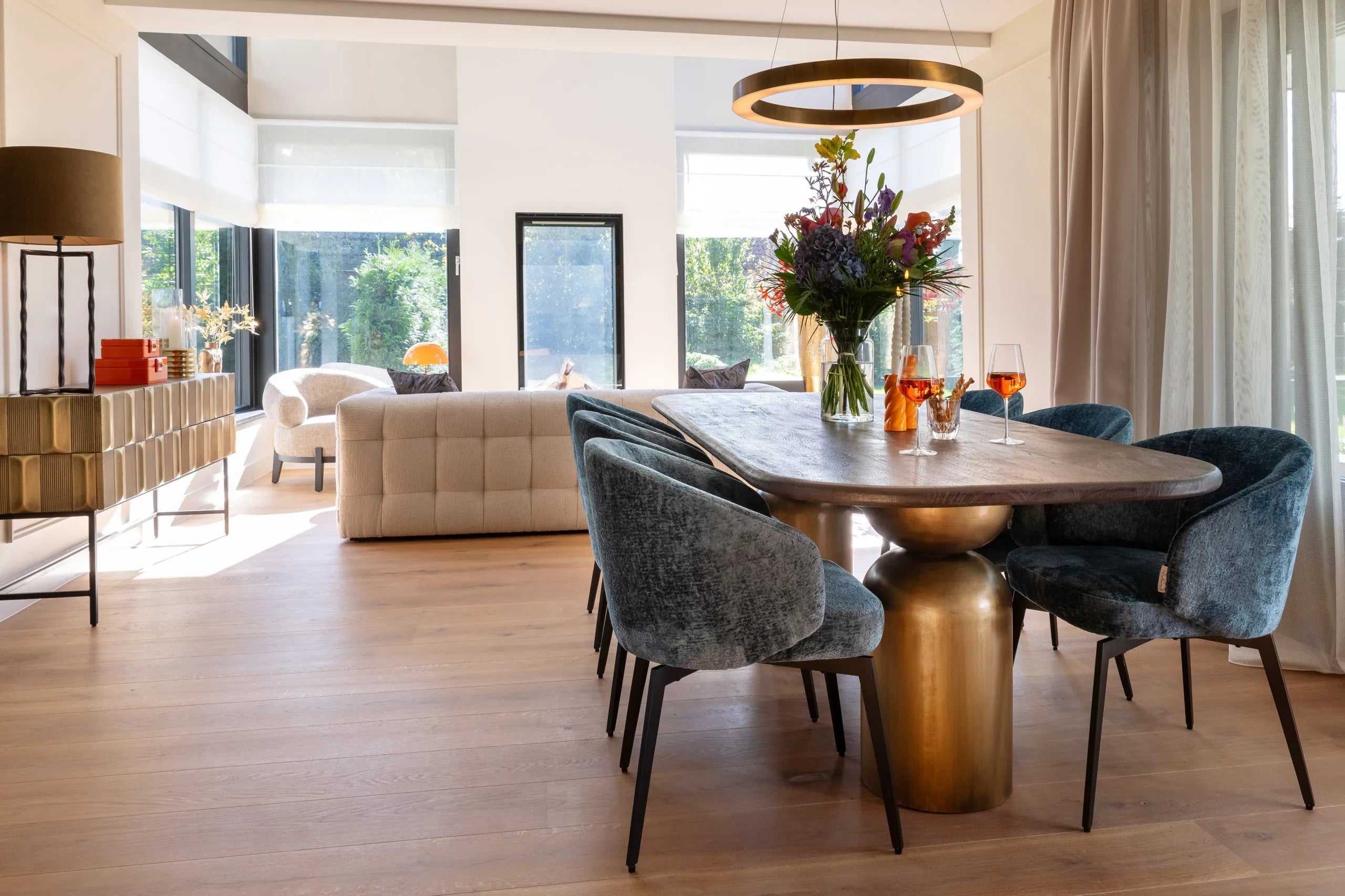 Richmond Interiors Cavo Brushed Gold & Black Acacia Wood Rounded Rectangle Dining Table | 8 Seater