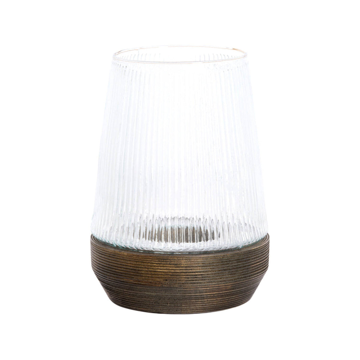 Minas Ribbed Clear Glass & Dark Brown Wood Hurricane Candle Holder 30cm