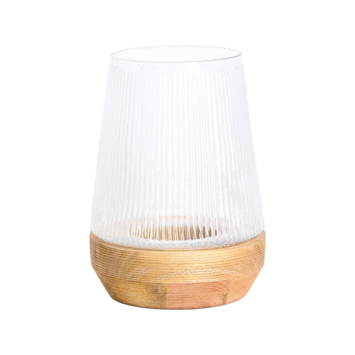 Minas Ribbed Clear Glass & Natural Wood Hurricane Candle Holder 30cm