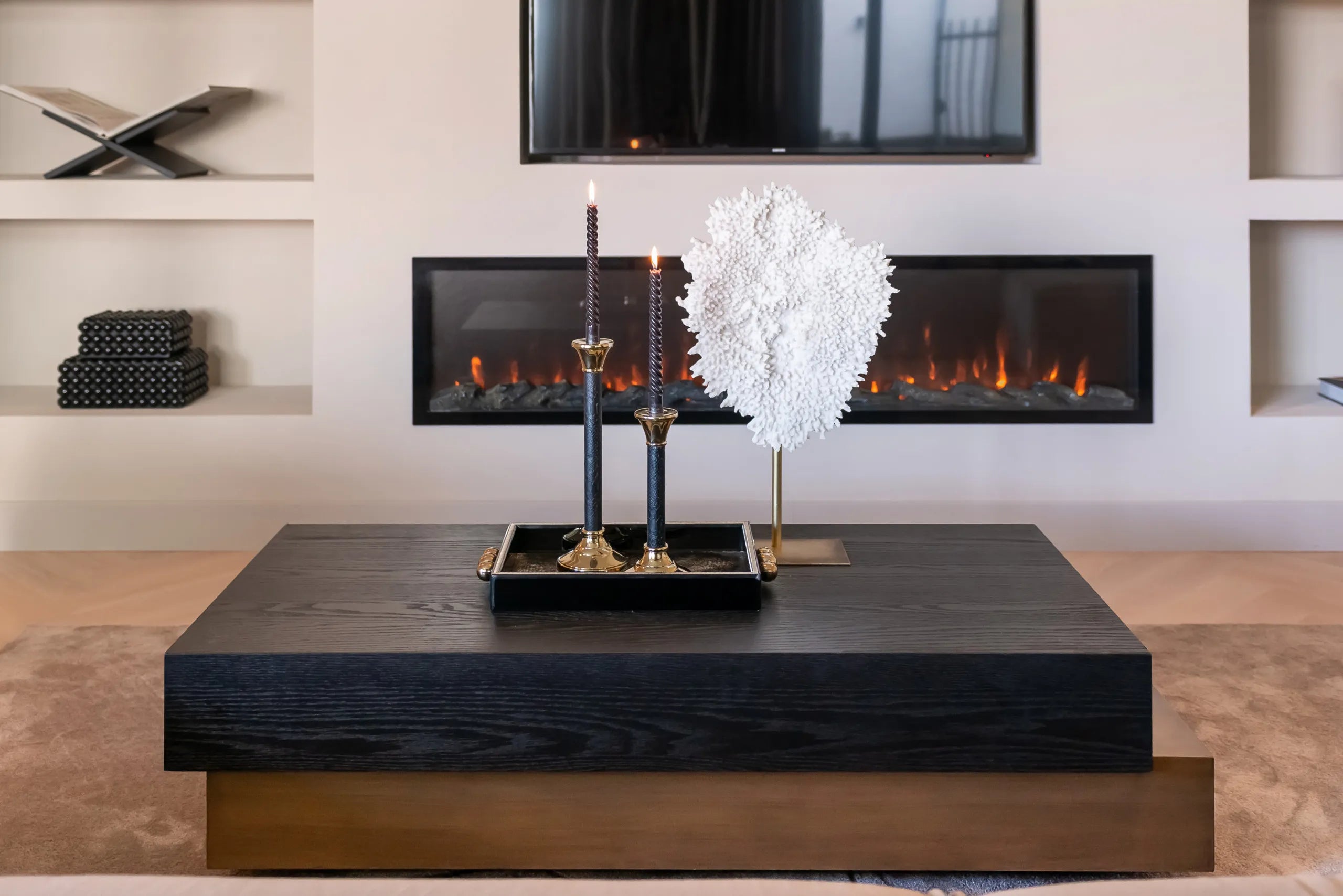 Richmond Interiors Cambon Bronze & Black Oak Wood Layered Stacked Rectangle Coffee Table