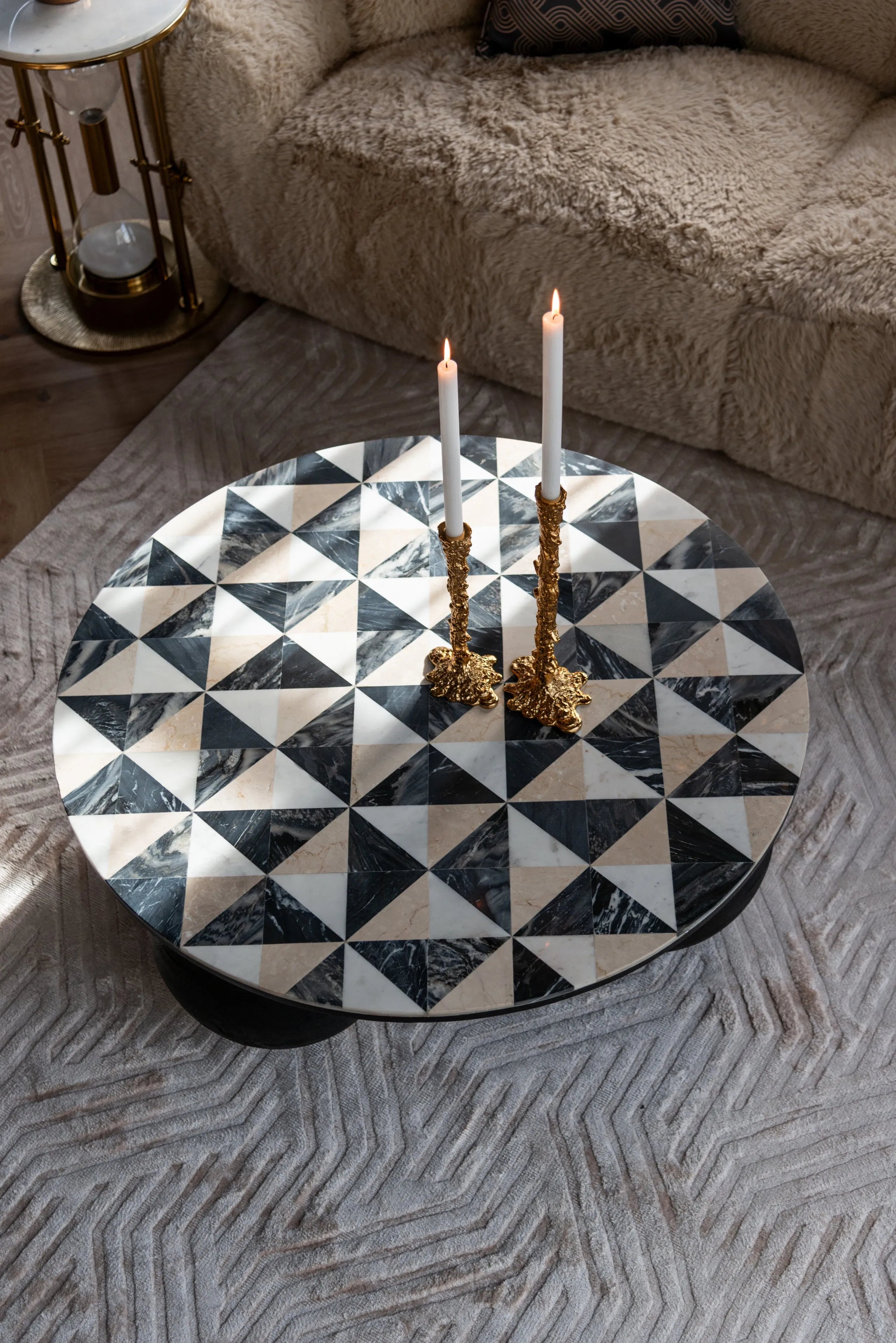 Richmond Interiors Tempus Gold & White Marble Hourglass Side Table