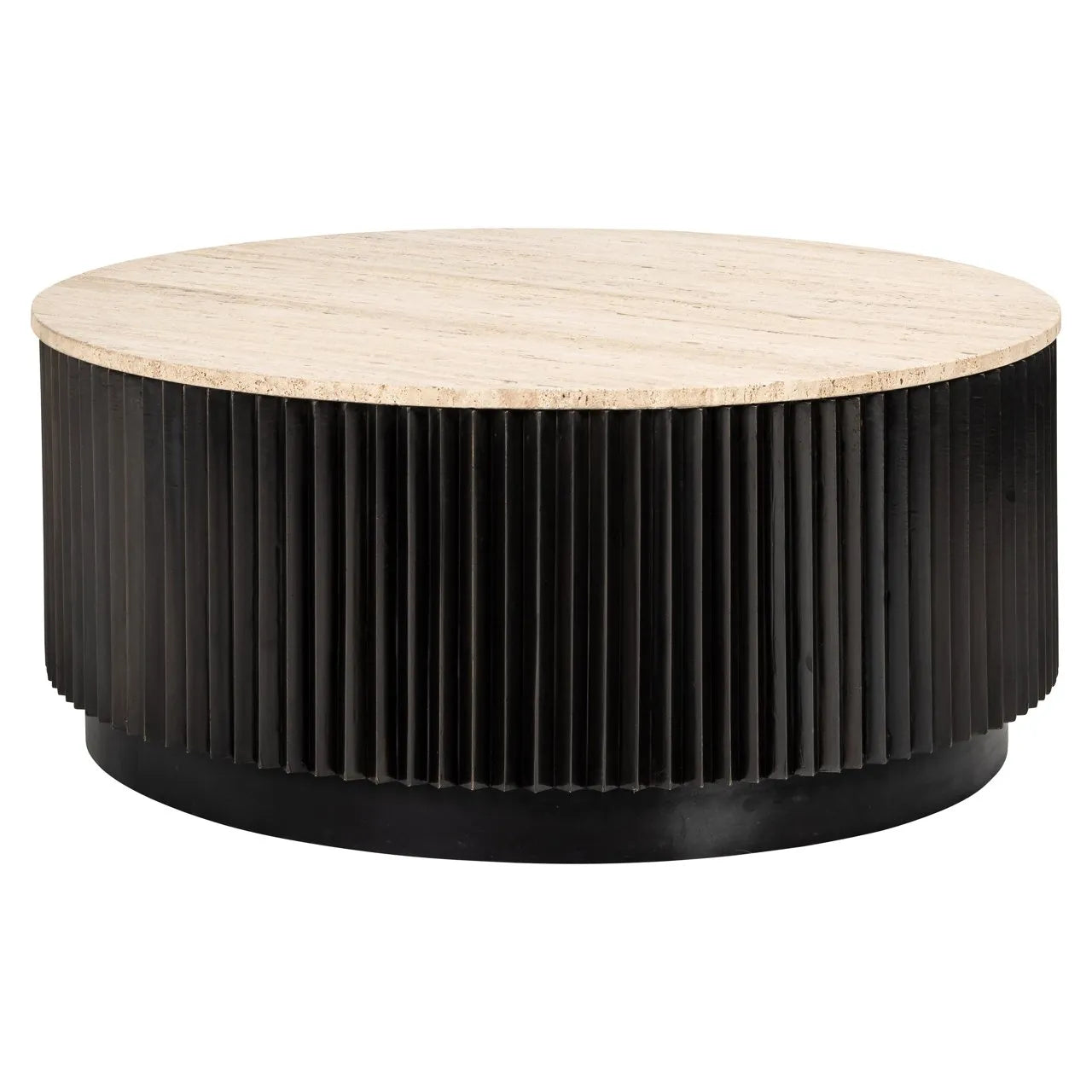 Richmond Interiors Hampton Black Wood & Beige Travertine Round Coffee Table