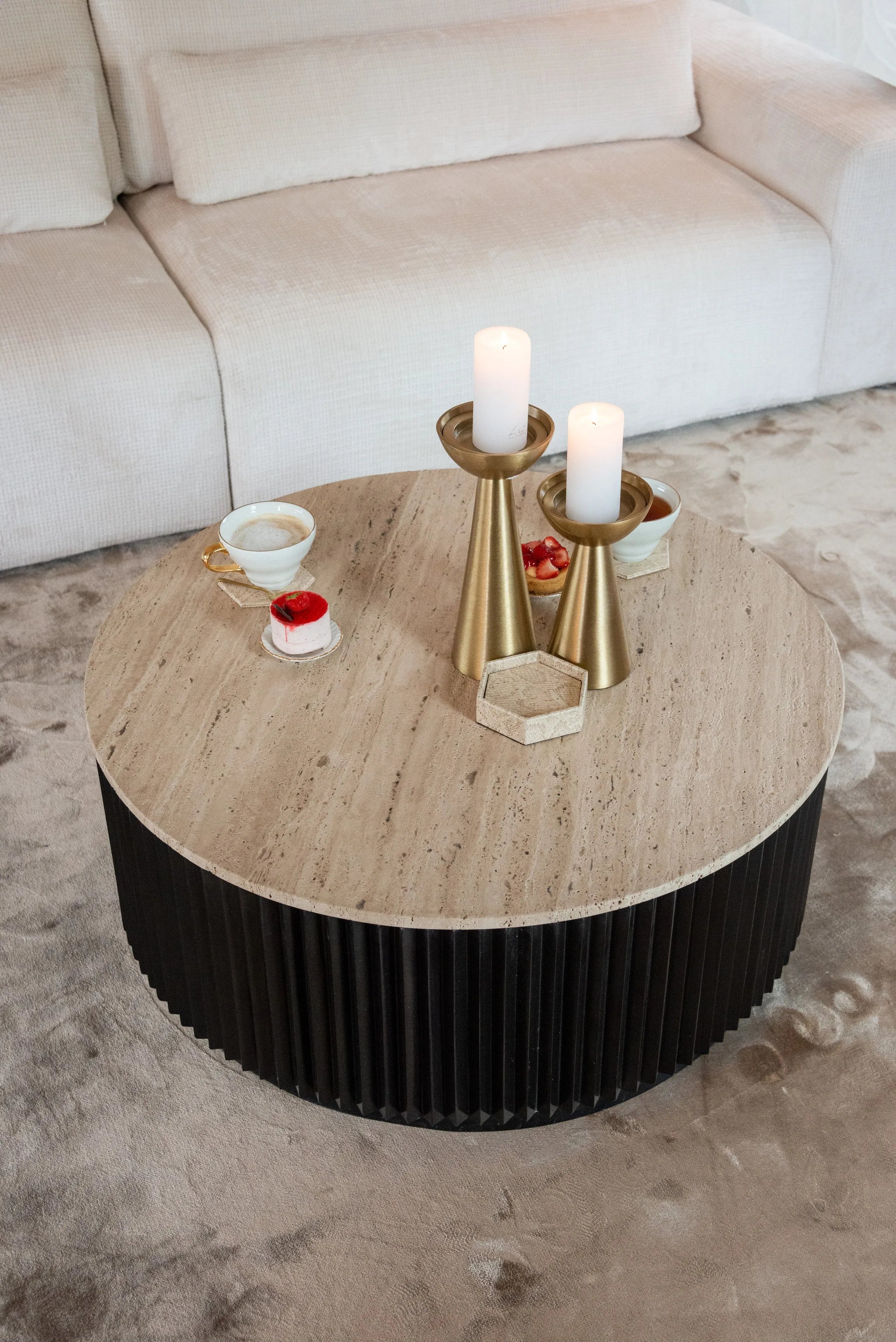 Richmond Interiors Hampton Black Wood & Beige Travertine Round Coffee Table