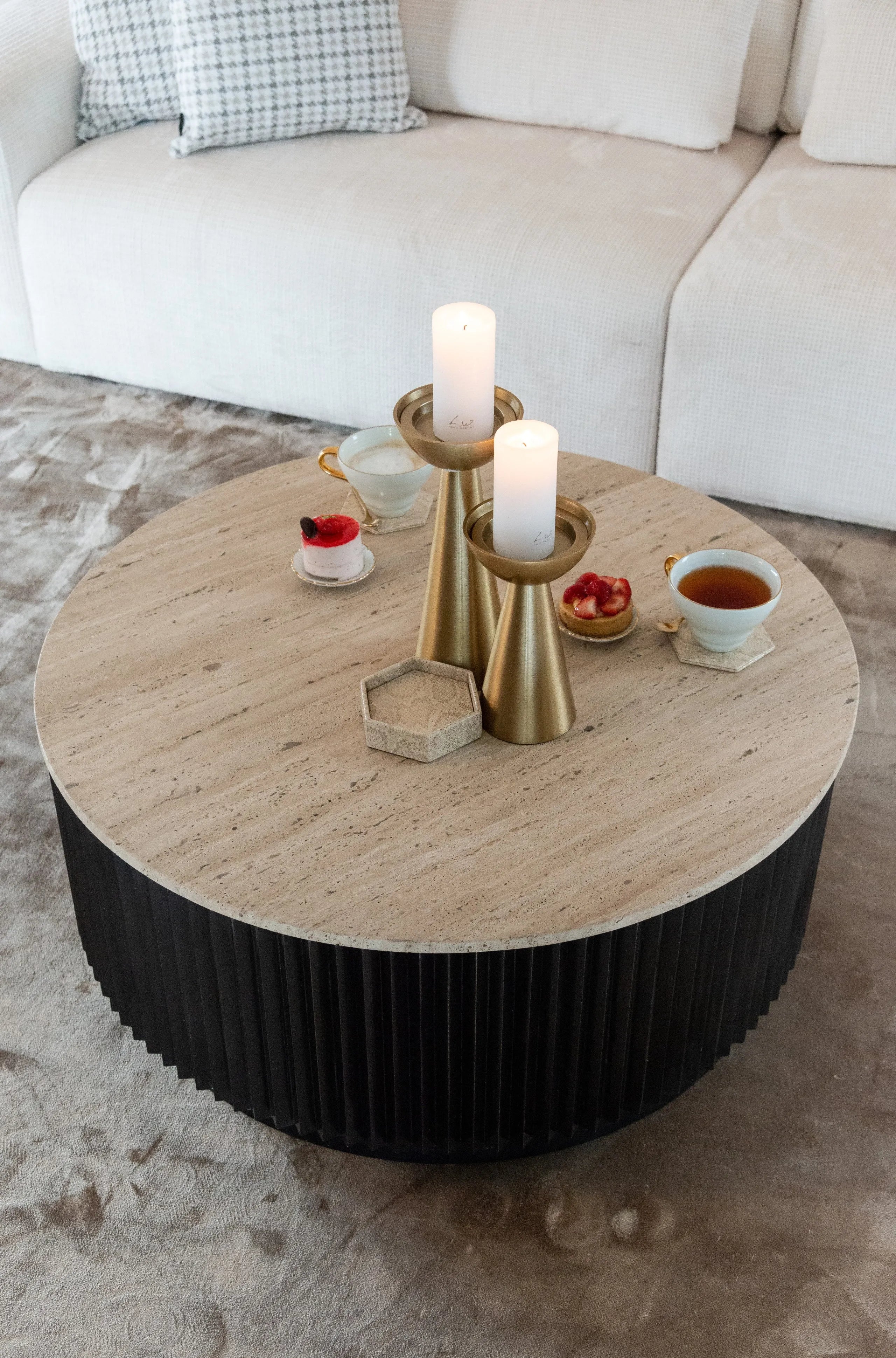 Richmond Interiors Hampton Black Wood & Beige Travertine Round Coffee Table