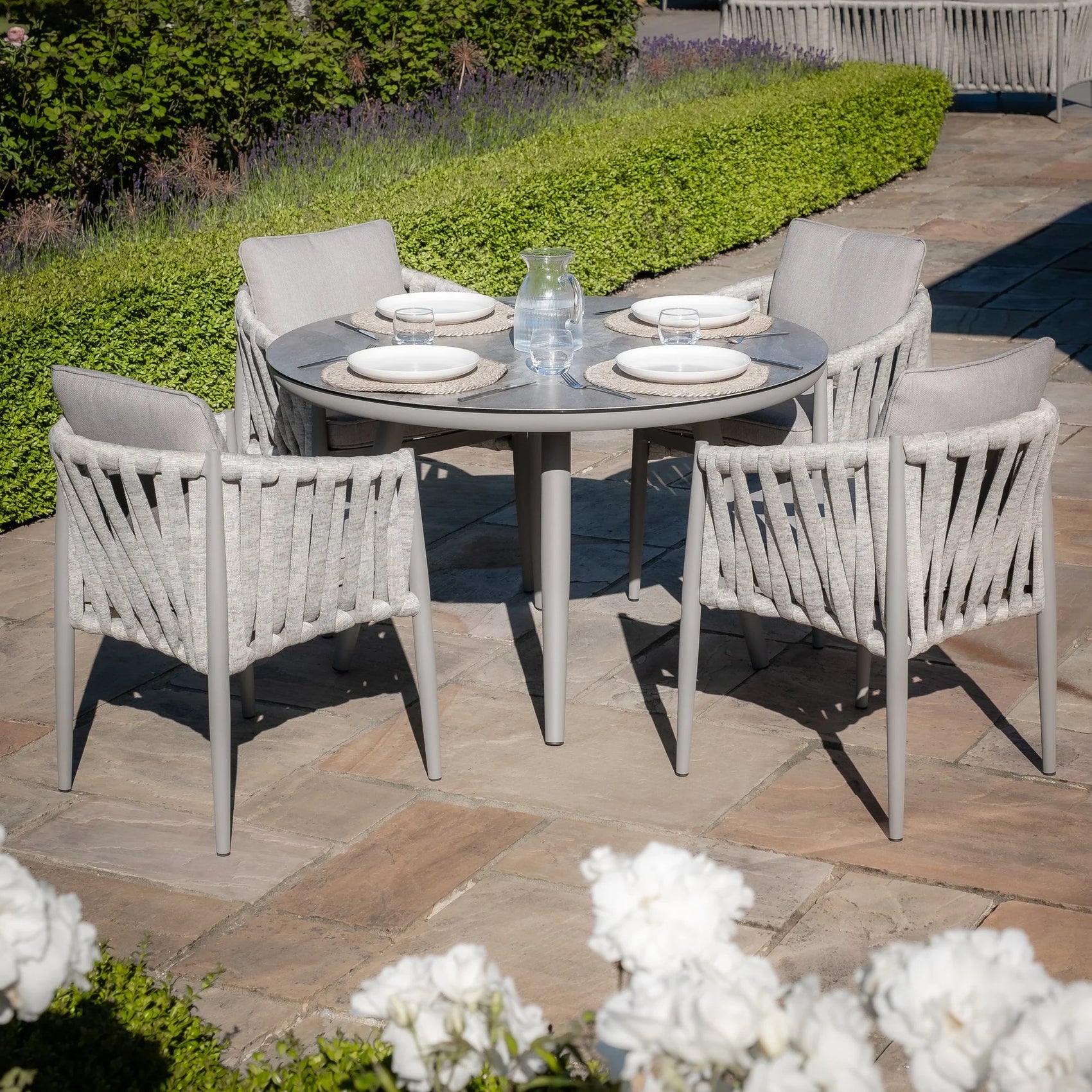 Milan Grey Cool Linen Round Dining Set with Lazy Susan | 4 Seater