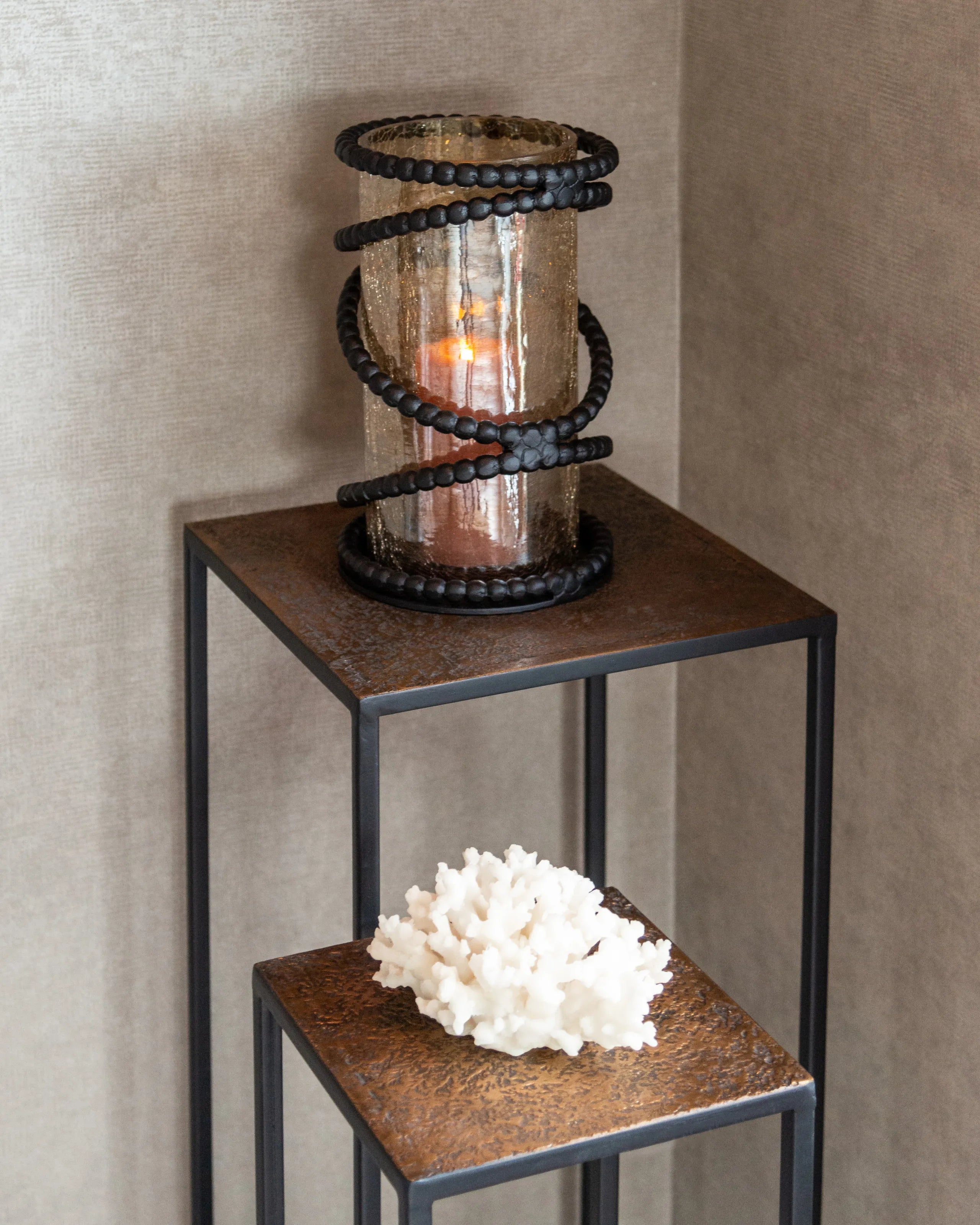 Richmond Interiors Edison Black Bead Cracked Glass Hurricane Candle Holder