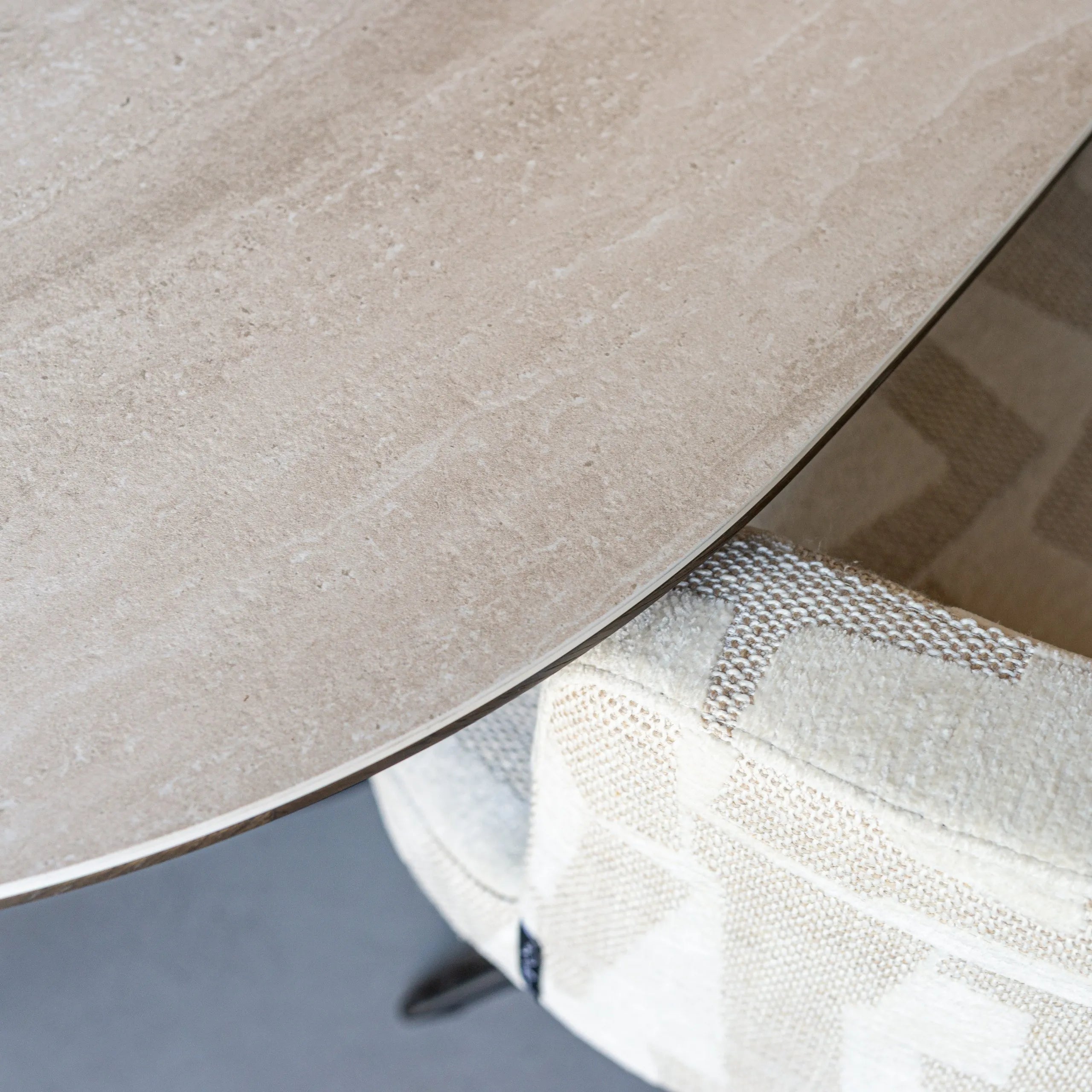 Richmond Interiors Ritz Pebble Brown Oak Wood & Beige Travertine Dining Table | 6-8 Seater