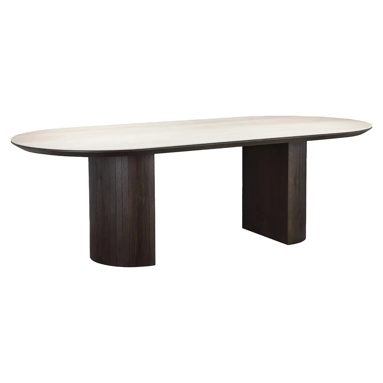 Richmond Interiors Ritz Brown Oak Wood & Beige Travertine Dining Table | 6-8 Seater