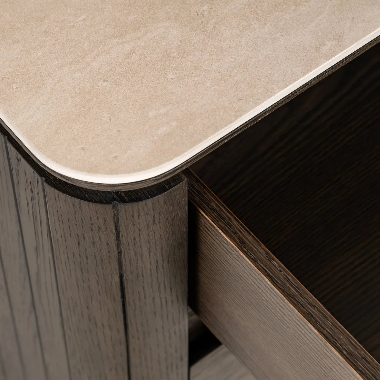 Richmond Interiors Ritz Brown Oak Wood & Travertine Bedside Table