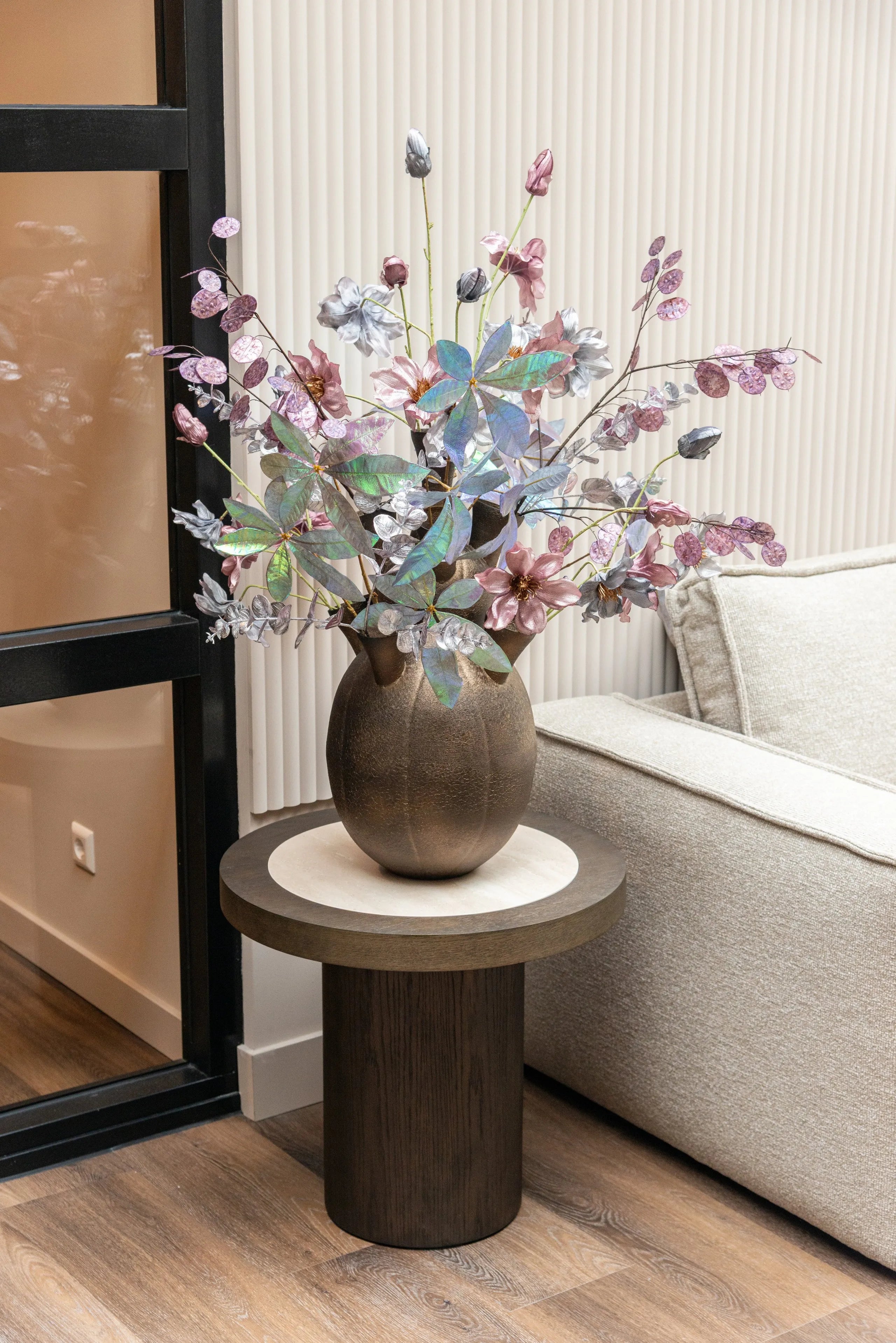 Richmond Interiors Nando Brown Oak Wood & Travertine Side Table