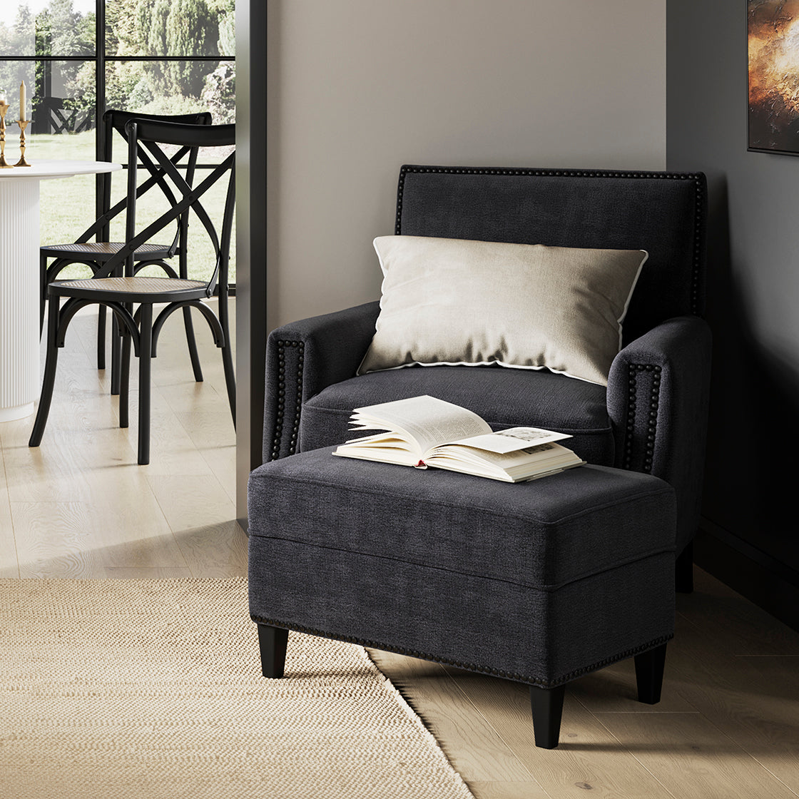 Atticus Anthracite Black Fabric Footstool