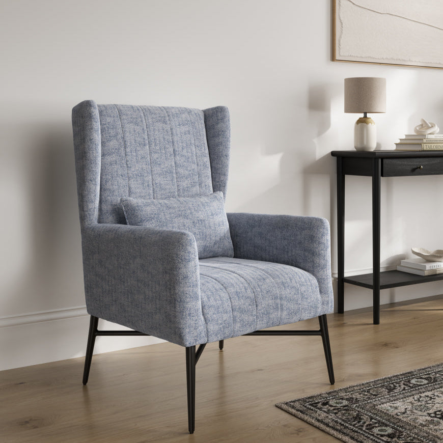 Henley Navy Herringbone Blue Tweed High Back Accent Armchair