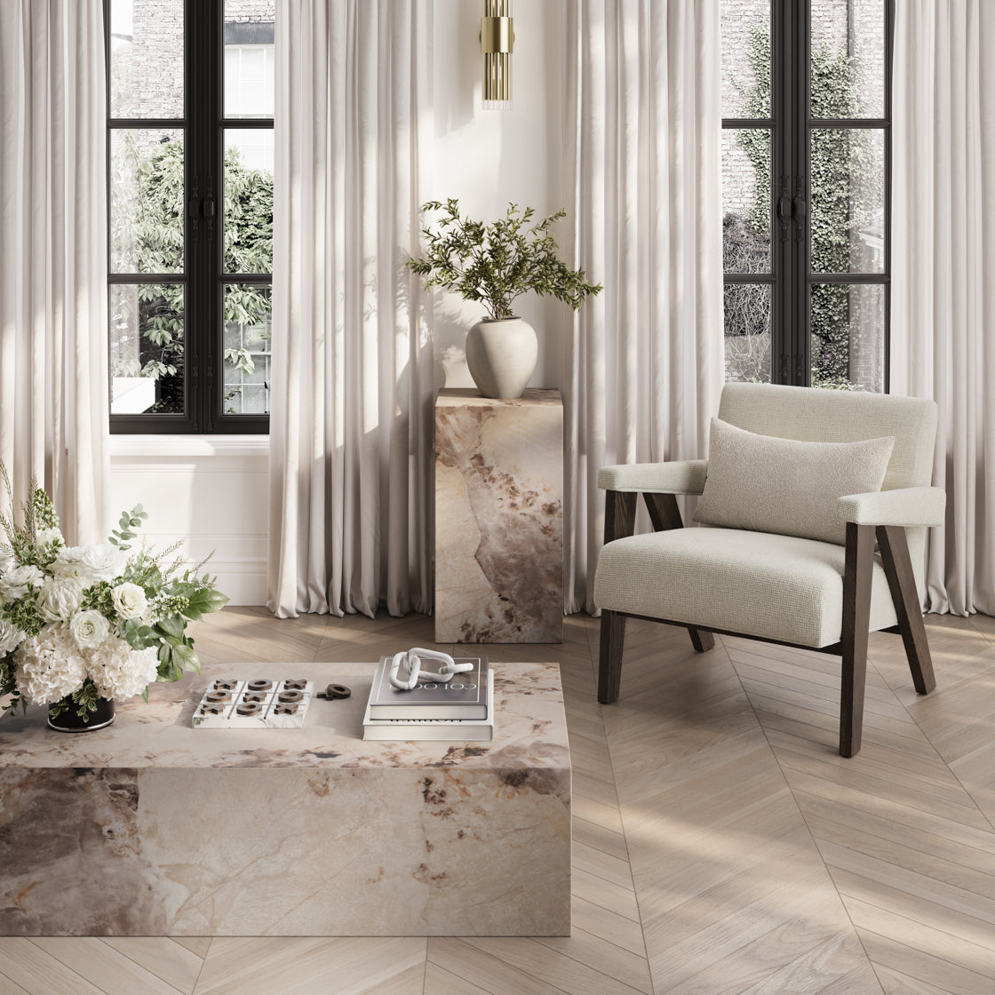 Abel Milk Tweed & Chocolate Brown Wood Armchair